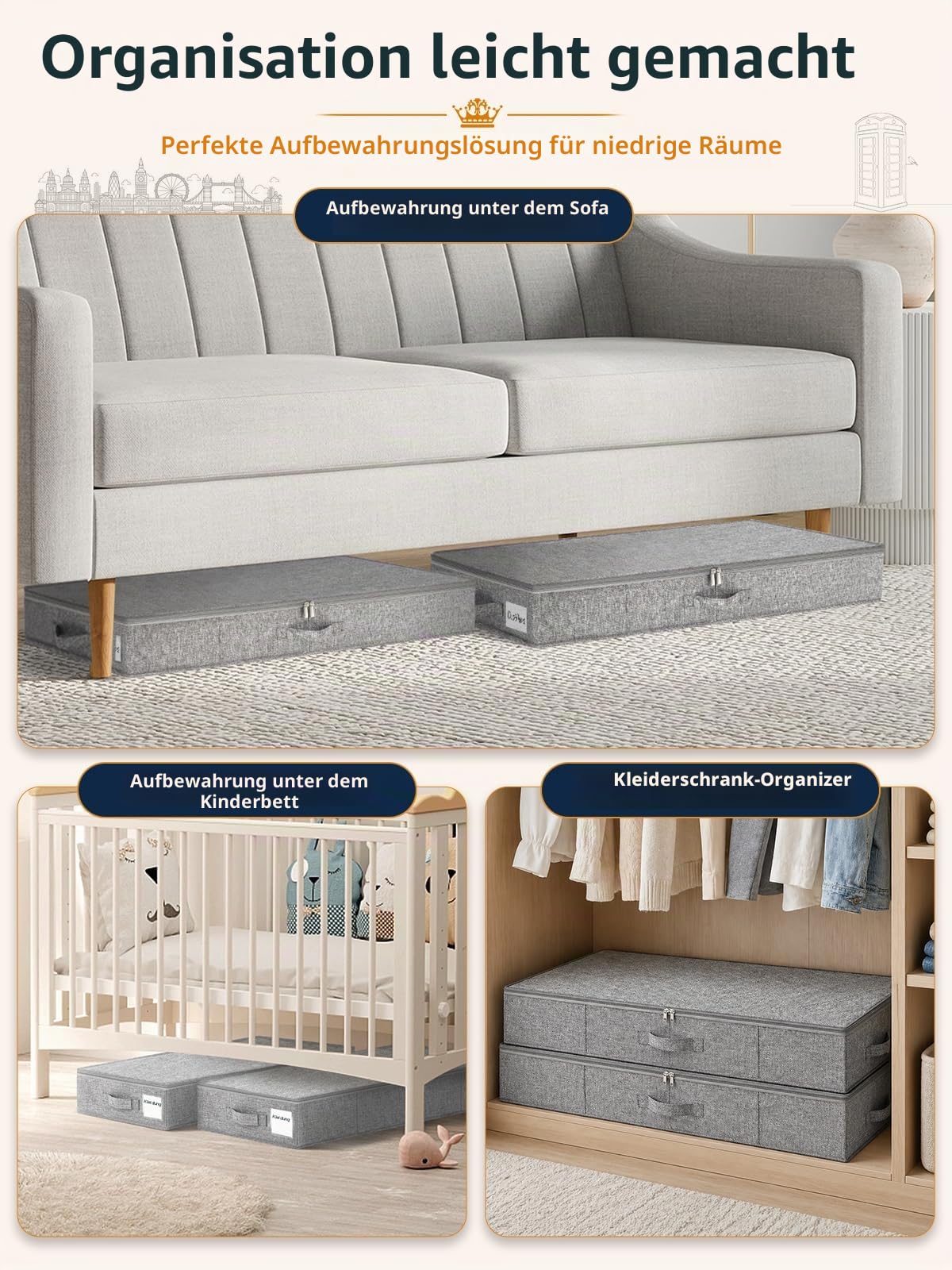 Unterbett-Aufbewahrungsbox mit Deckel, 2 Stück, 12 cm hoch, niedrige Unterbett-Aufbewahrungsboxen mit stabiler Seiten- und Bodenstütze, Stoff, dünn, flach, Unterbett, Sofa