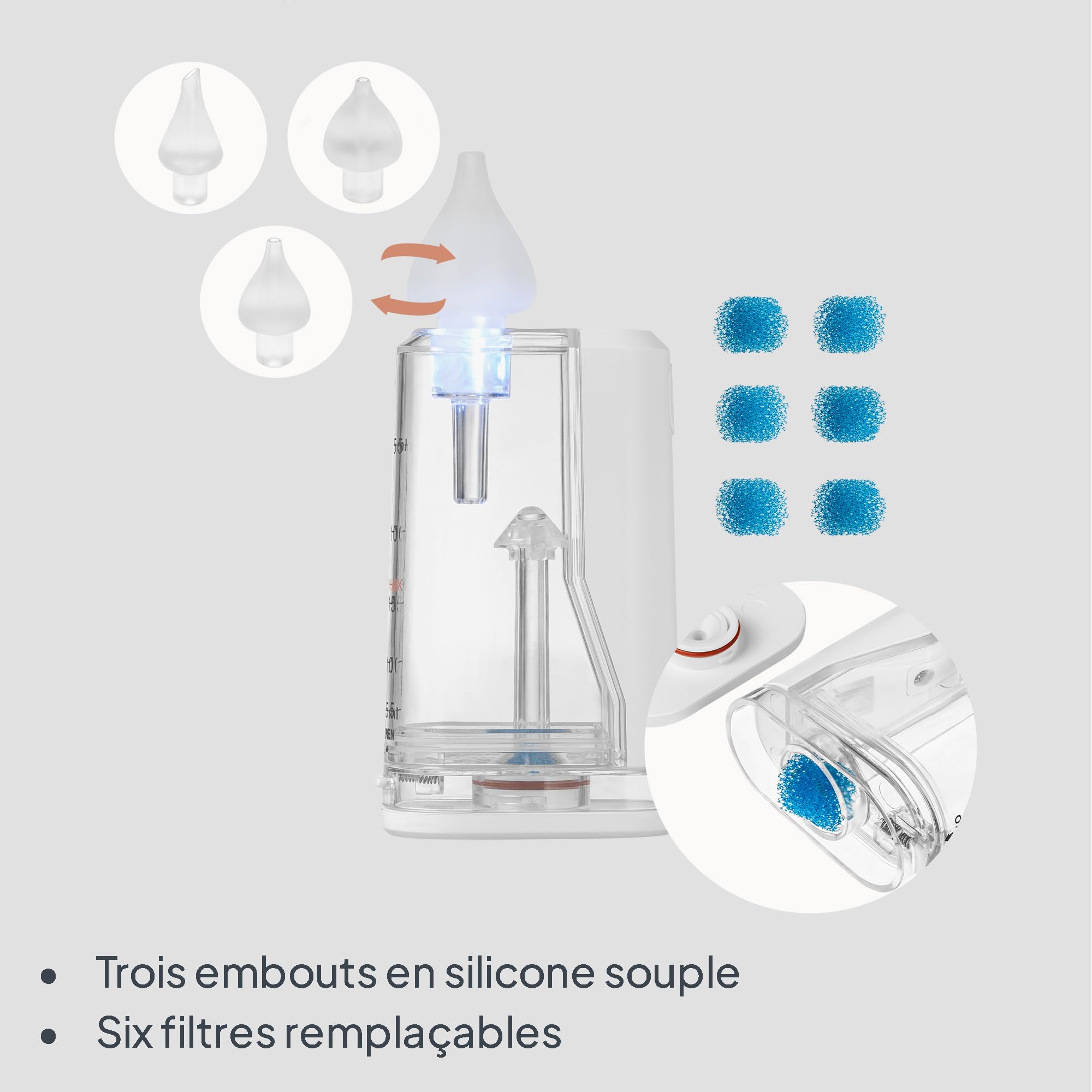 LIONELO BabyAir Flow Aspirateur Nasal Électrique Bébé Sans Fil | 9 Niveaux D’Aspiration | Débit 7,5 L/Min | 3 Embouts Silicone + 6 Filtres | Lumière Nocturne | Autonomie 2,5 H | Recharge USB-C