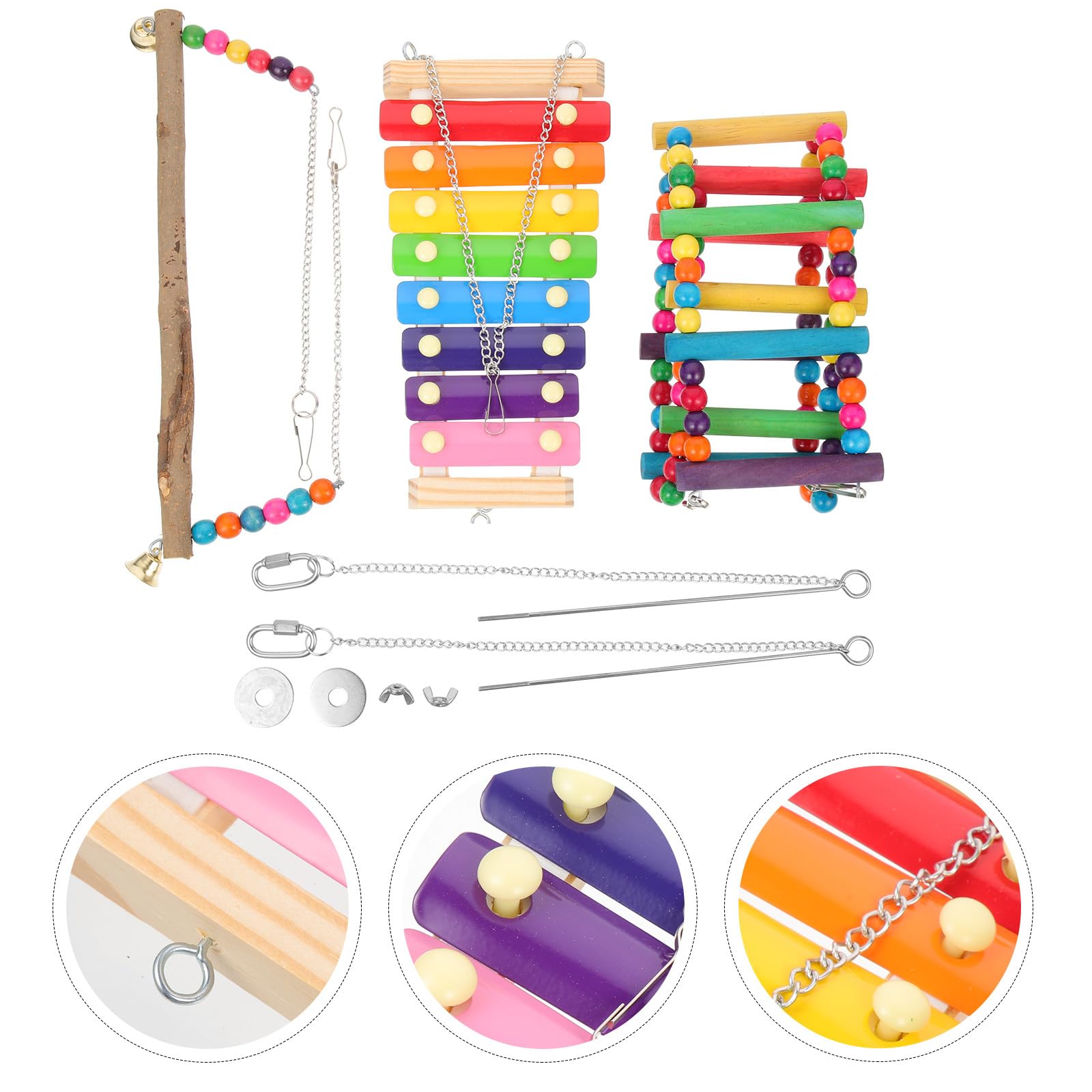 Luxshiny Hölzernes Kletterspielzeug für Vögel mit Futternetz Hängespielzeug und Schaukel 5 Stück für Papageien Finken und Haustierhühner im Vogelkäfig und Hühnerstall