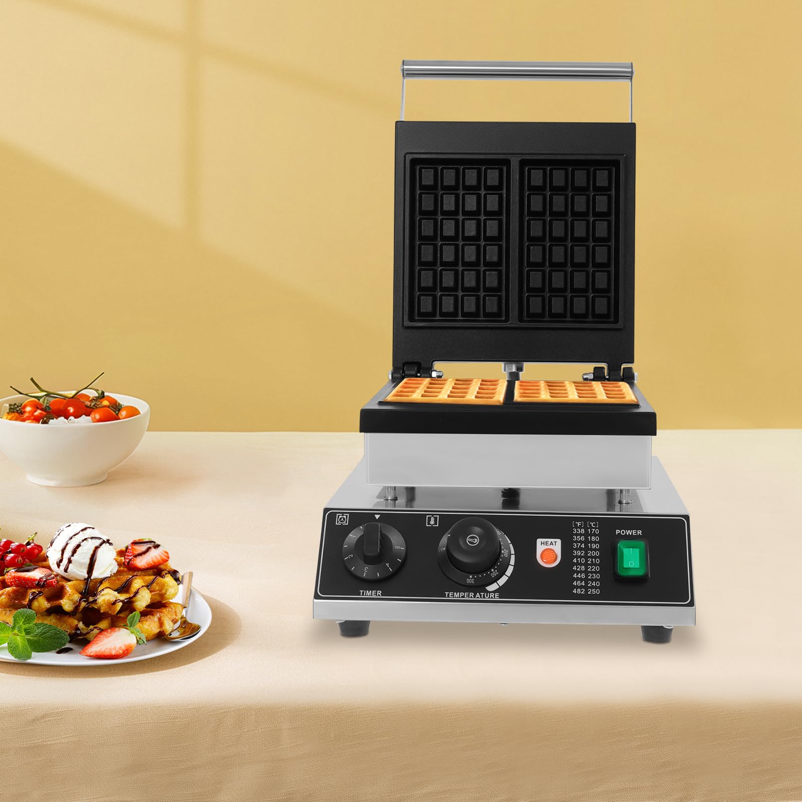 1750W/2000W Waffelbereiter 4-Fach/2-Fach Waffelmaschine mit Antihaftbeschichtung, Timer & Temperaturregler Professionelles Waffelmaschine für Gastronomie & Haushaltsküchen (2er-Backform)
