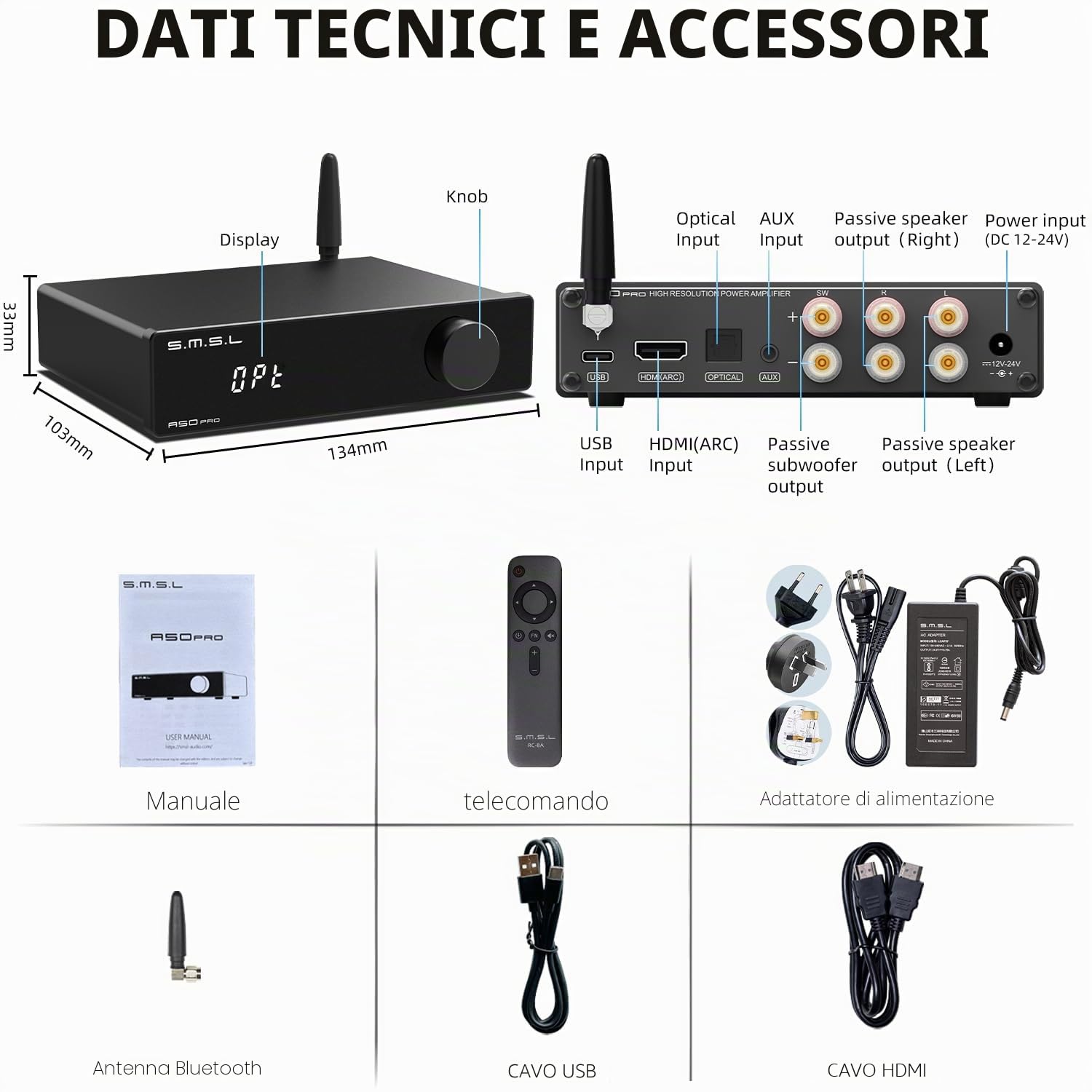S.M.S.L Amplificatore A50Pro, LPF&HPF, amplificatore audio a 2.1 canali, potenza di uscita bassi 100 W, amplificatore audio stereo HiFi Bluetooth 5.0, supporta HDMI (ARC), subwoofer passivo, chip