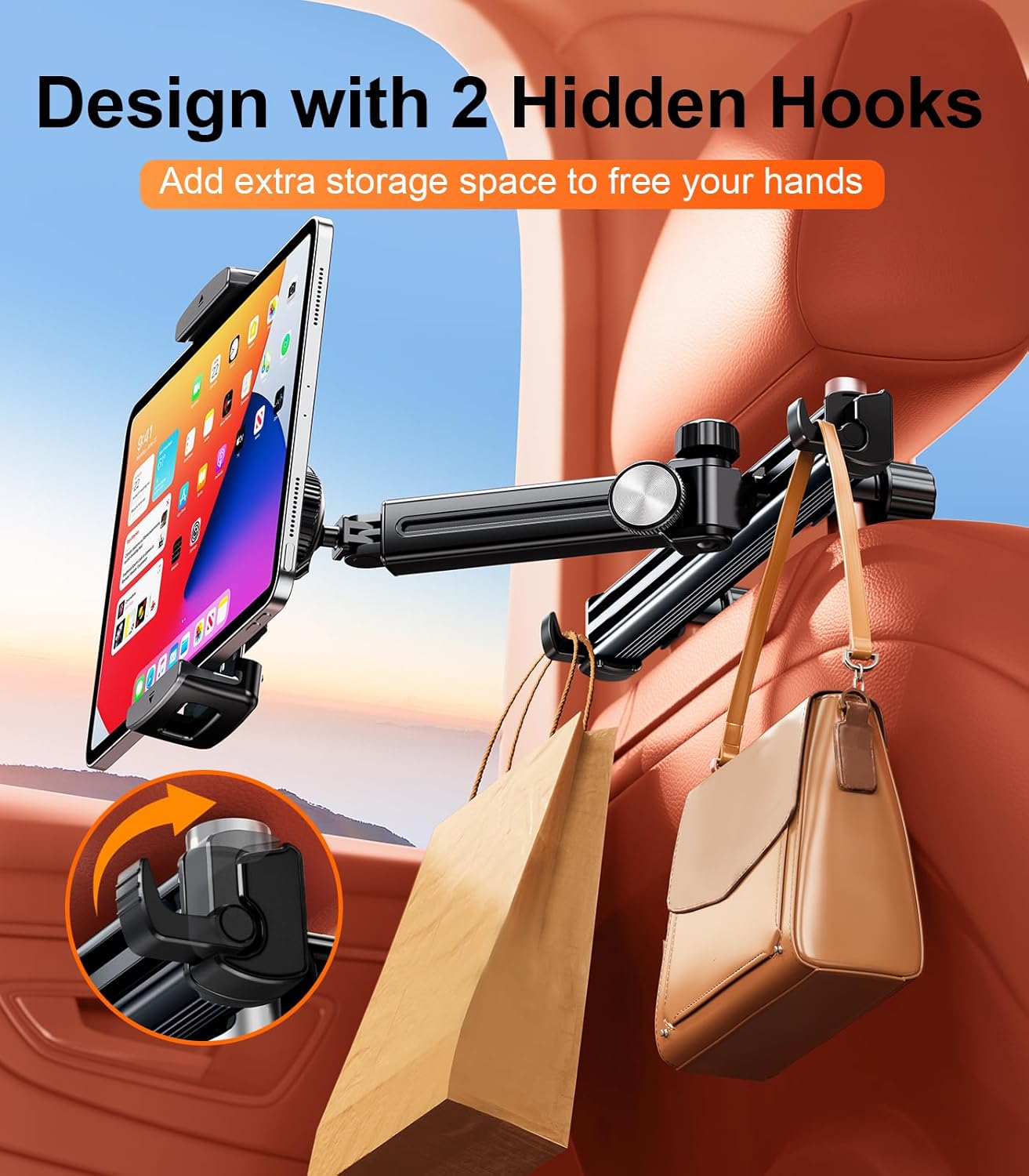 Extension Arm Tablet Holder for Car Headrest, Adjustable iPad Holder for Car Backseat Rear Facing for Kids Baby, Car Mount Fit for 4.7"-13" Cell Phone iPad mini Air Pro 12.9 Switch Fire, Black