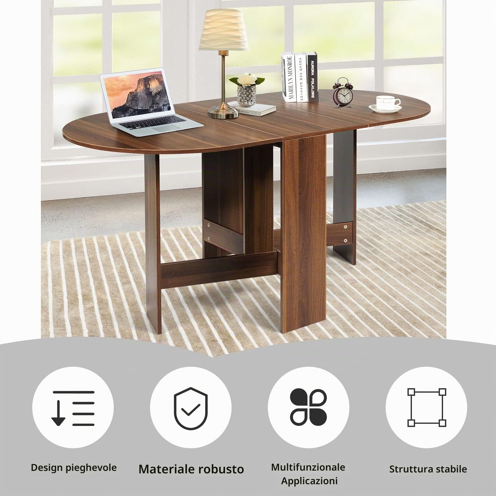 LIFEZEAL Tavolo da Pranzo, Tavolo Pieghevole, Richiudibile, Allungabile, in Legno, per 4-7 Persone, per Cucina, Sala da Pranzo, Soggiorno, Ovale, Peso Max 60 kg, 163x80x75 cm, Marrone