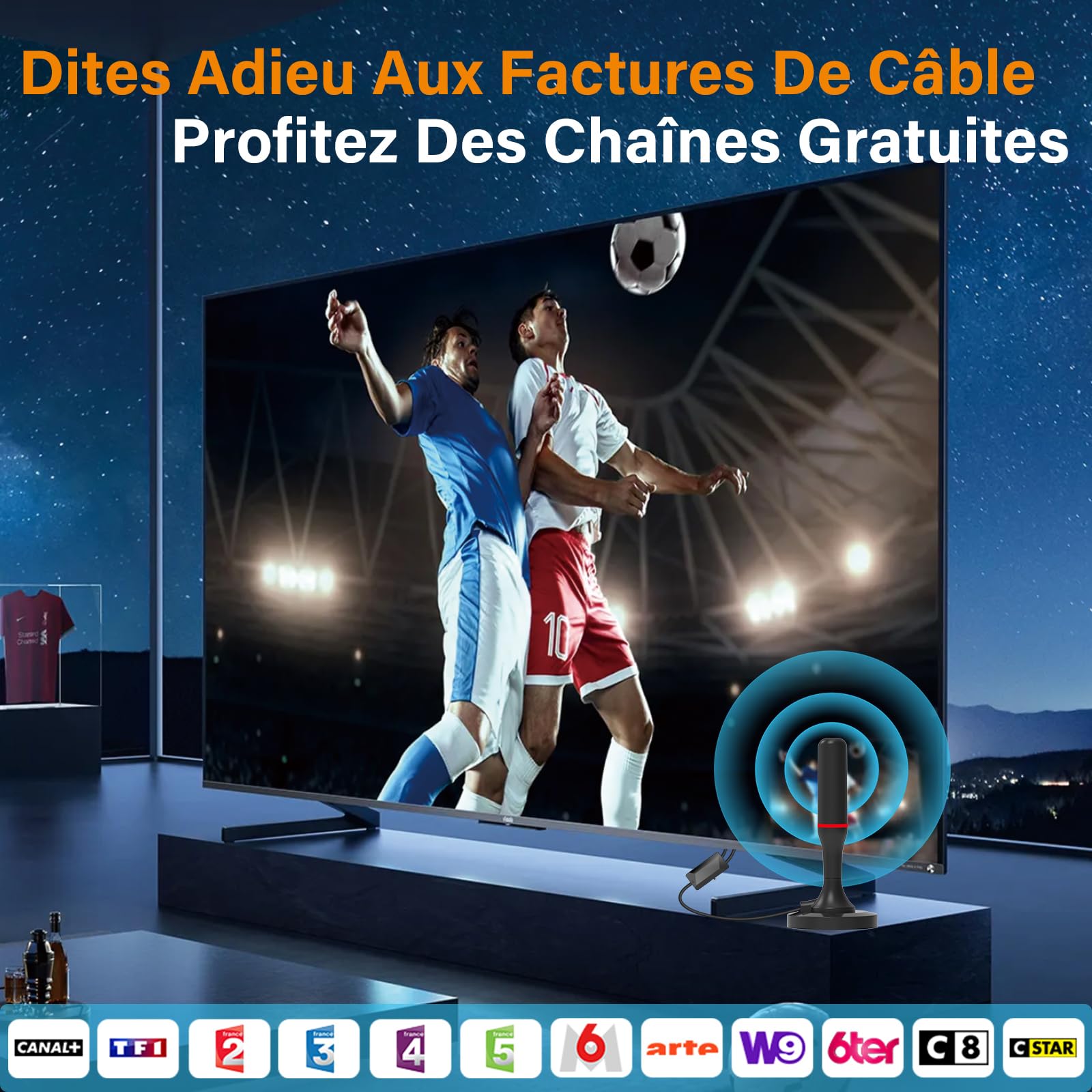 Antenne TV Intérieure Puissante, Antenne TNT Intérieure 2026 HD, Réception Longue Portée 360°, Base Magnétique Forte, Amplificateur Gain Élevé, Compatible 4K 1080P Toutes TV