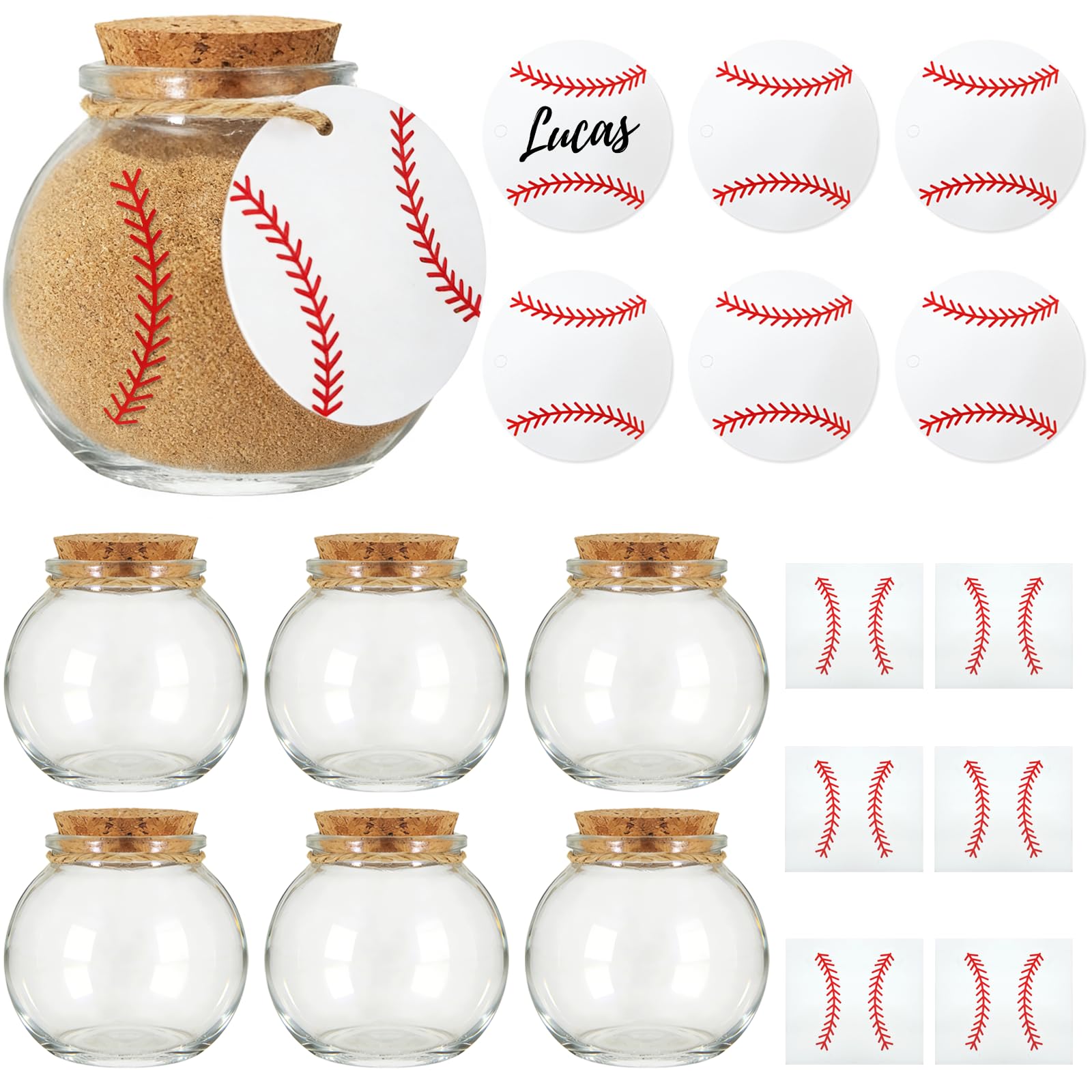 Photo 1 of WOODOUNAI 6 Set Baseball Senior Night Jar Gifts 3.5 Oz Round Glass Jar with Cork Lid Baseball Sticker Hang Tags 2.75 * 2.75 Inch Mini Sand Keepsake Jars for Sport Party Favors Decoration (Round)