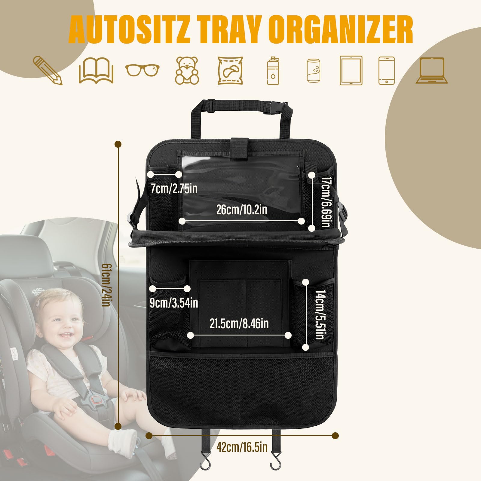 Organisateur Voiture Enfant, Lot de 2 Organisateurs de Siège de Voiture | Protection Siege Voiture Enfant Étanche Avec Table Pliante, Rangement pour Tablette/Téléphone et 9 Poches, 42 x 61 cm