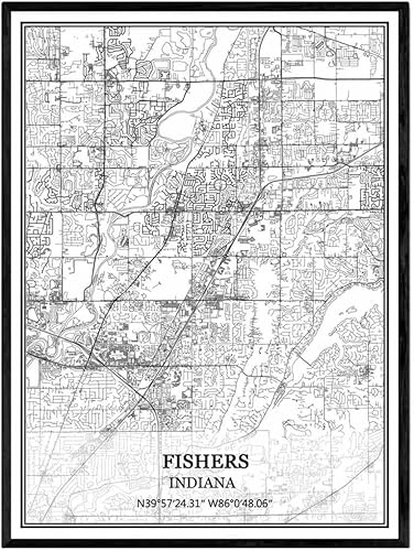 Miniatura 1 de Póster de la pared de Fishers Indiana USA America Mapa, impresión sobre lienzo, sin marco, moderno mapa blanco y negro