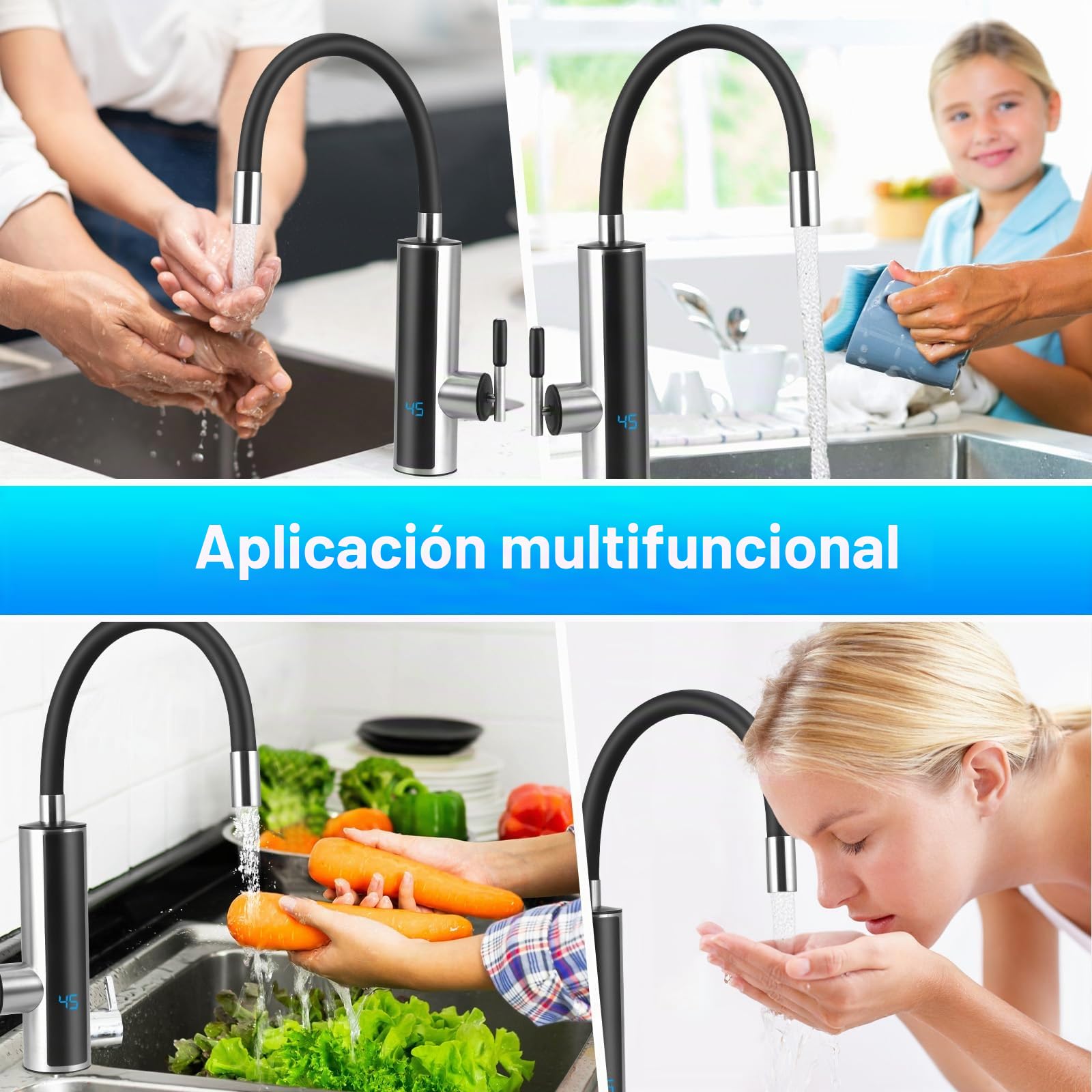 Calentador de Agua Electrico Instantaneo, 3000 W Grifo de Cocina con Indicador de Temperatura LCD, 360° Flexible Rotación, para Cocina Jardín Baño