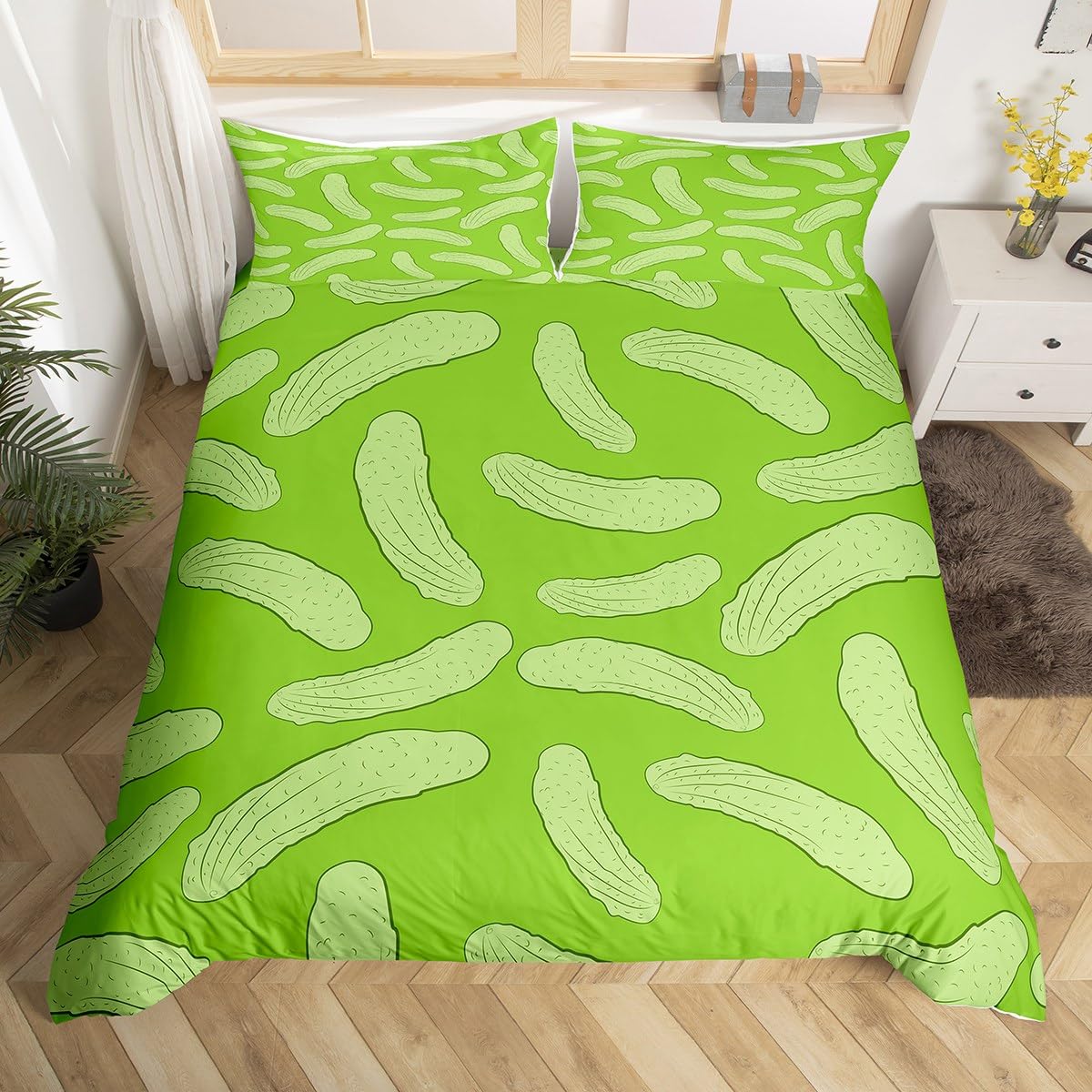 Homewish Pickle zestaw pościeli dla niemowląt, urocze ogórki, poszewka na kołdrę, motyw zielonych warzyw, super king, poszewka na kołdrę dla dzieci i dzieci, zabawna realistyczna poszewka na kołdrę z