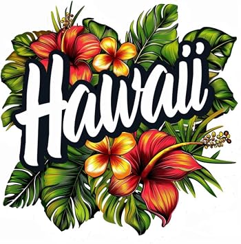 Hawaii Typography Vinyl Car Decal with Tropical Hibiscus Flower, Hawaii Beach Vibes and Aloha Hibiscus Flower Decal for Window, Bumper, Rear, Trunk, 4x4.5in, 1PC Red Flower
