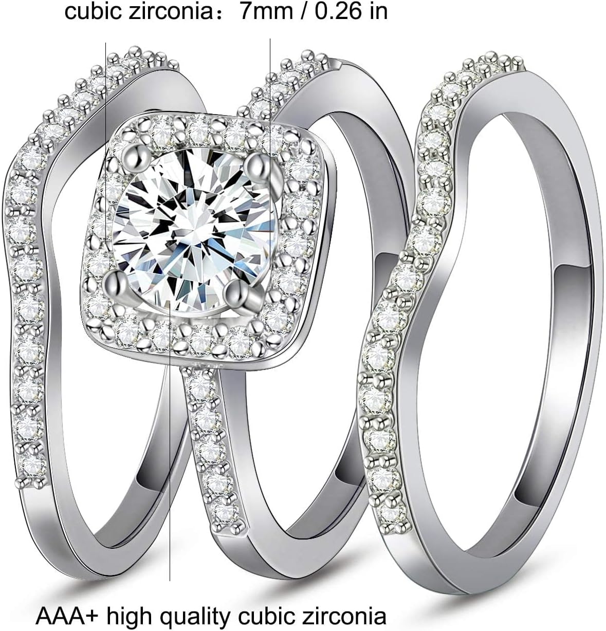 Gemsme 18K Gold Plated Three-in-One Wedding Engagement Eternity Rings Halo Cubic Zirconia Bridal Rings Set - Image 5