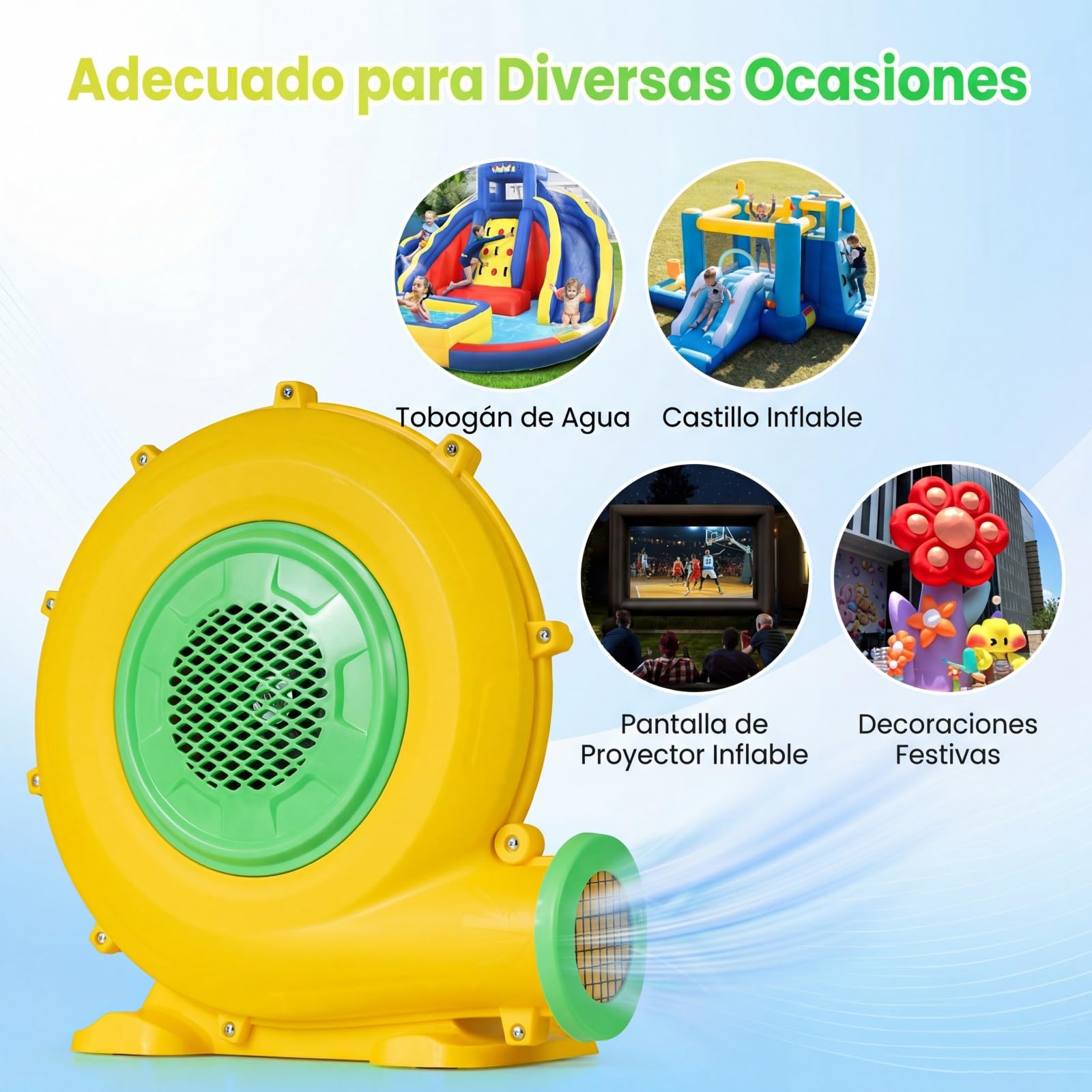 COSTWAY 680W Soplador de Aire para Castillo Hinchable, 220-240V Bomba de Bajo Ruido con 4 Estacas de Tierra y Cable de Alimentación, 2340pa Ventilador Eléctrico Potente para Juguetes Inflables