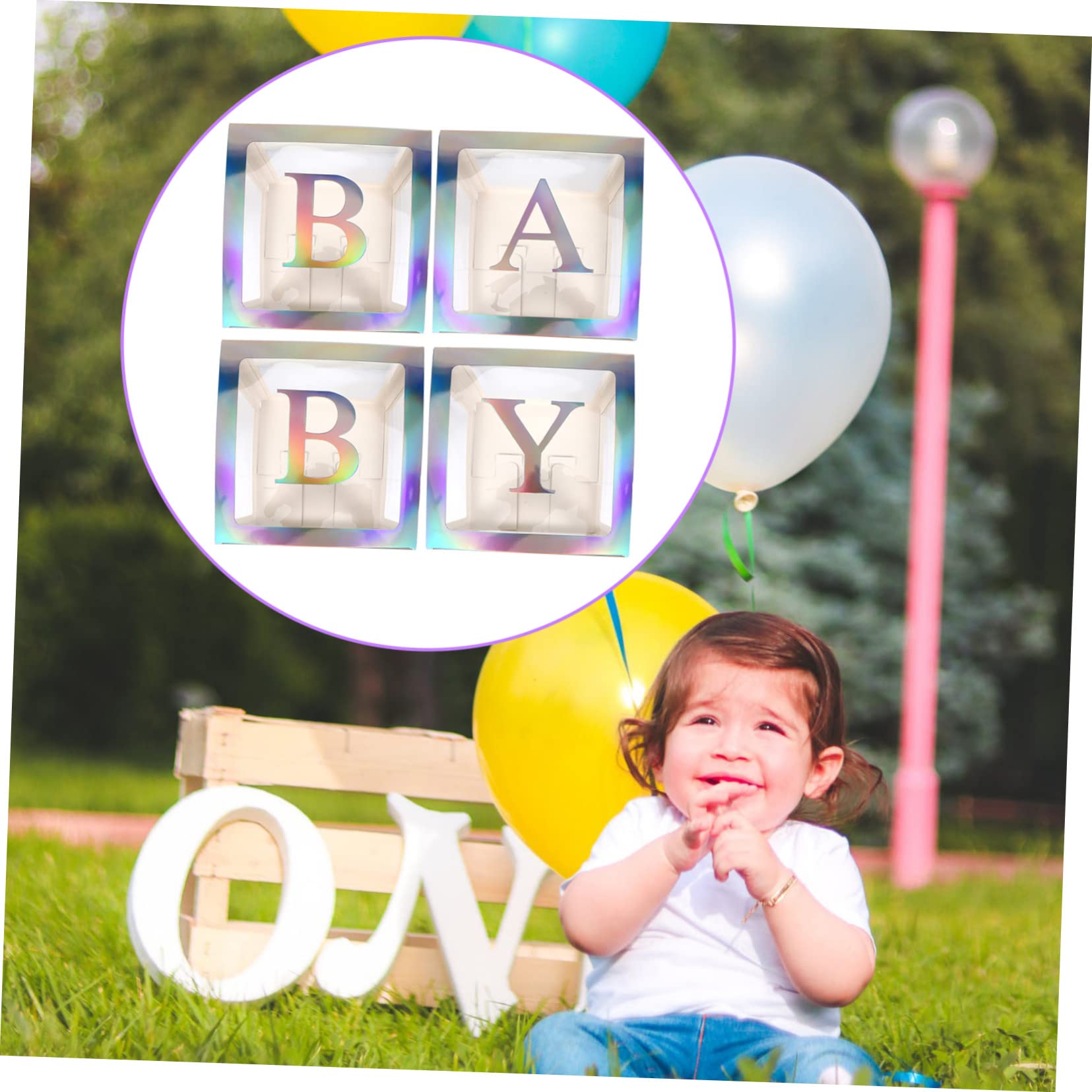 Babyparty Kasten Satz mit 4 Teilen aus Papier in Silber | Transparente Ballonbox, Buchstaben B A B Y Enthalten, für Babyparty und Home Decor