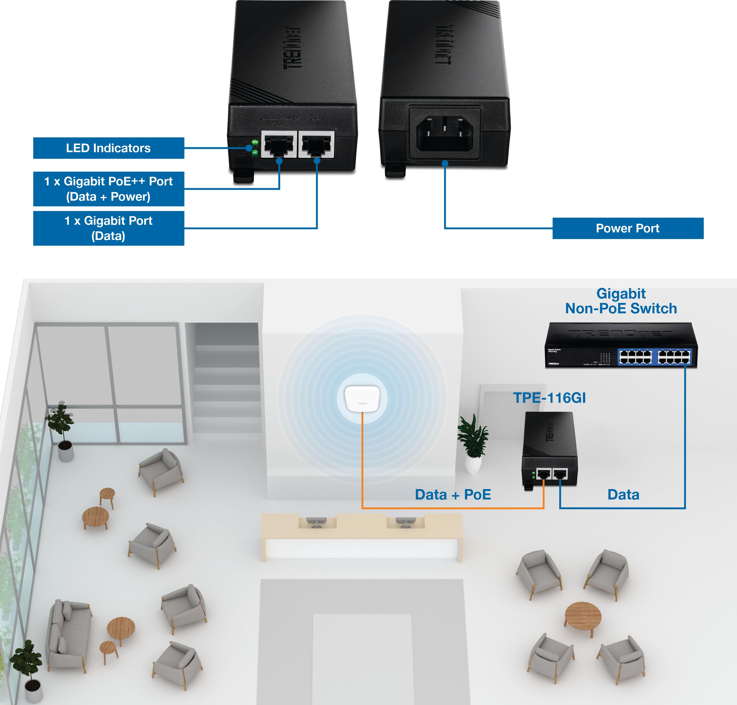 TRENDnet Iniettore Gigabit PoE++, TPE-116GI, fornisce PoE (15,4 W), PoE+ (30 W) o PoE++ (60 W), dispositivo PoE di rete A fino a 100 m (328 piedi), conforme NDAA e TAA, Plug & Play, nero