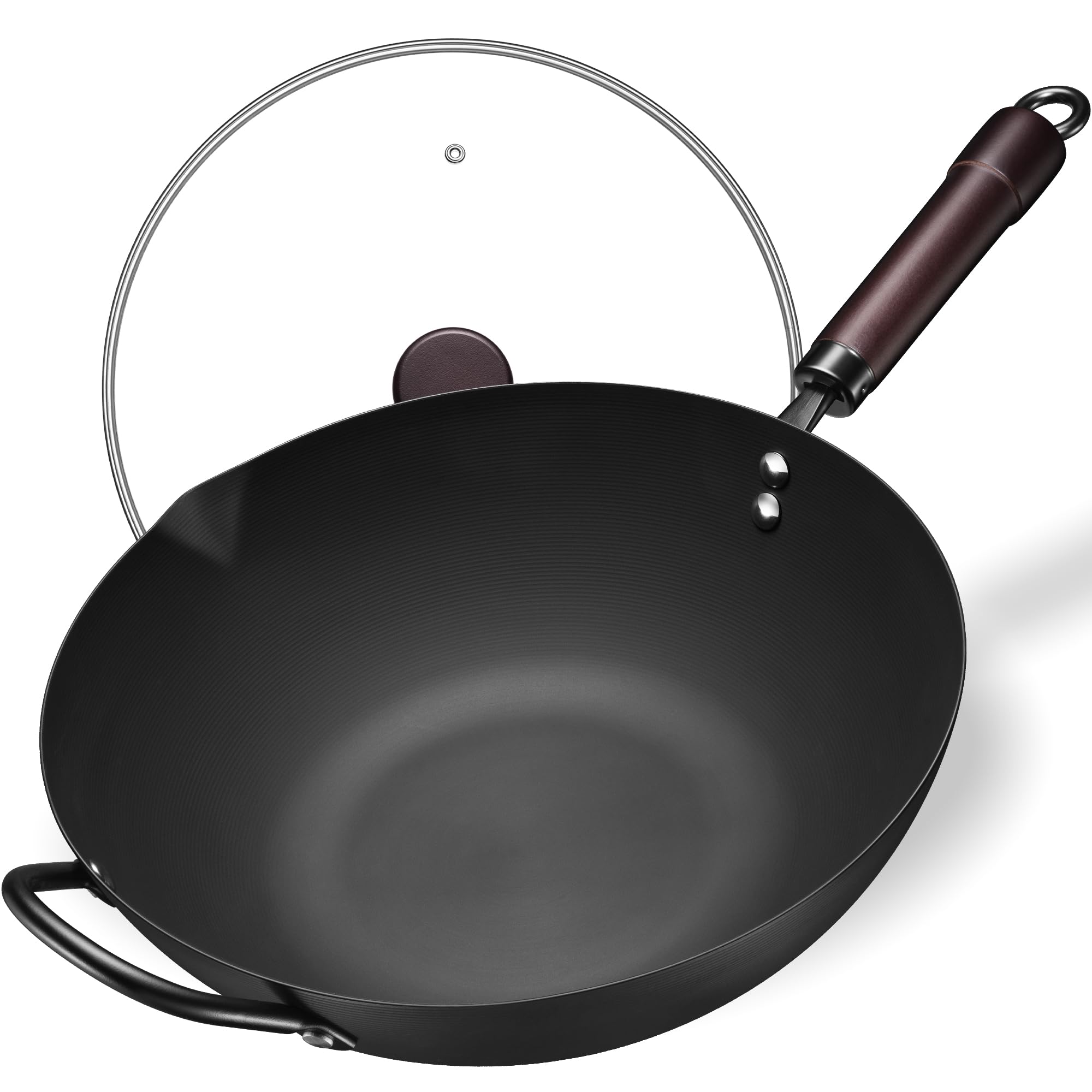 Wok, 13 Inch carbon steel woks & stir-fry pans nonstick, Flat Bottom Chinese Wok Pan with lid, Carbon Steel Cookware, Compatible with All Cooktops