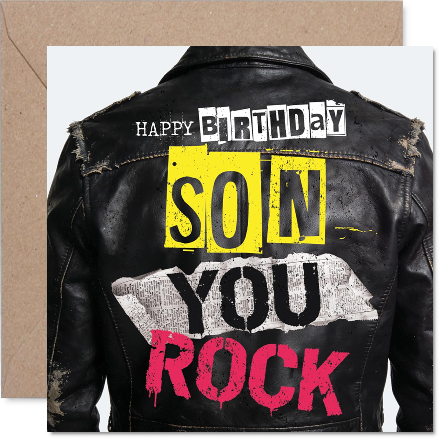 Playful Birthday Card for Son - Rock on, Legend - Bold Leather Jacket Design with Vibrant Colours - Sends Cheeky Birthday Vibes - 145mm Square, Envelope Included