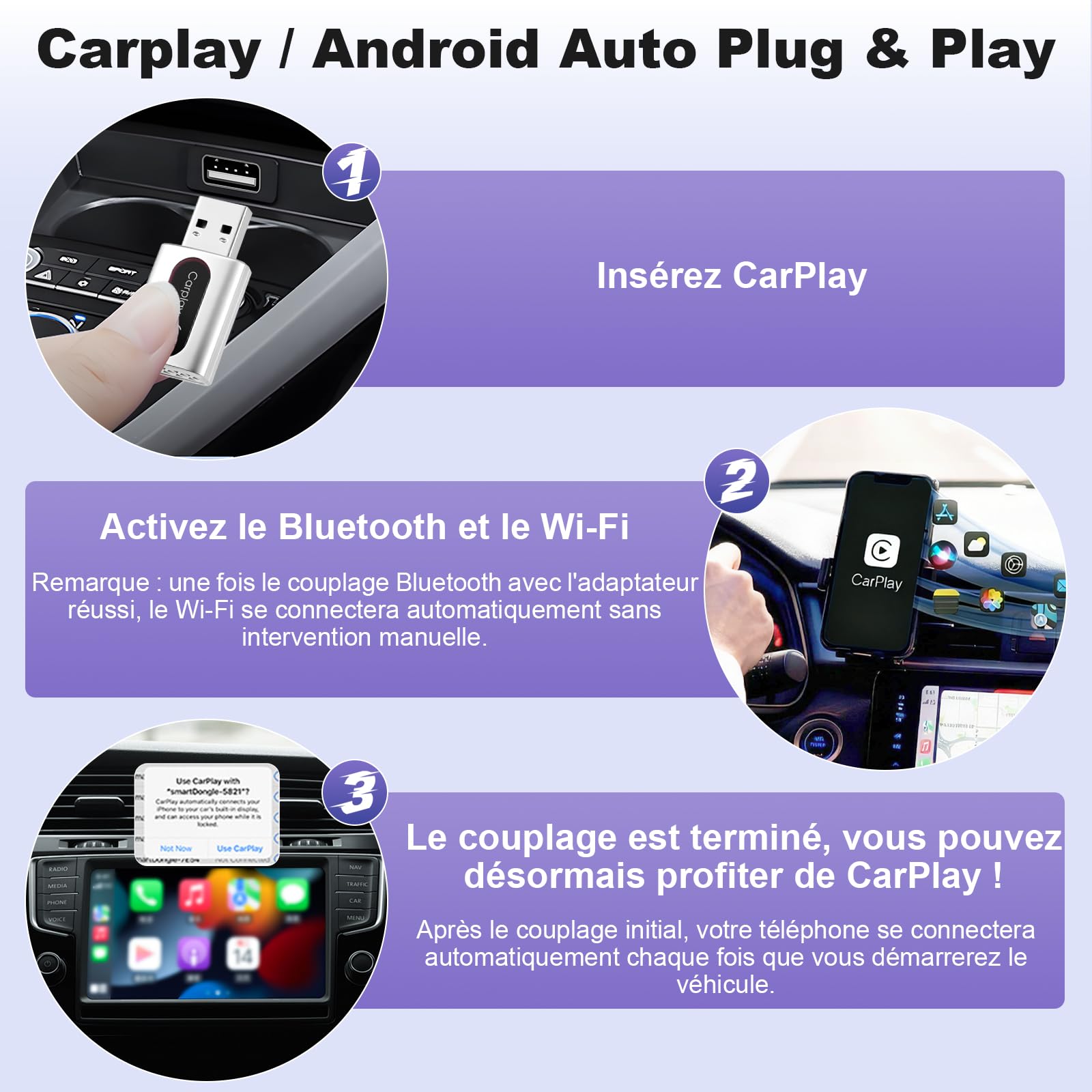Adaptateur CarPlay sans Fil, Mini Type-C/USB A Wireless Adaptateur, Plug & Play, Convertit Filaire en sans Fil, Compatible avec Apple CarPlay/Android Auto et Voitures avec CarPlay Filaire