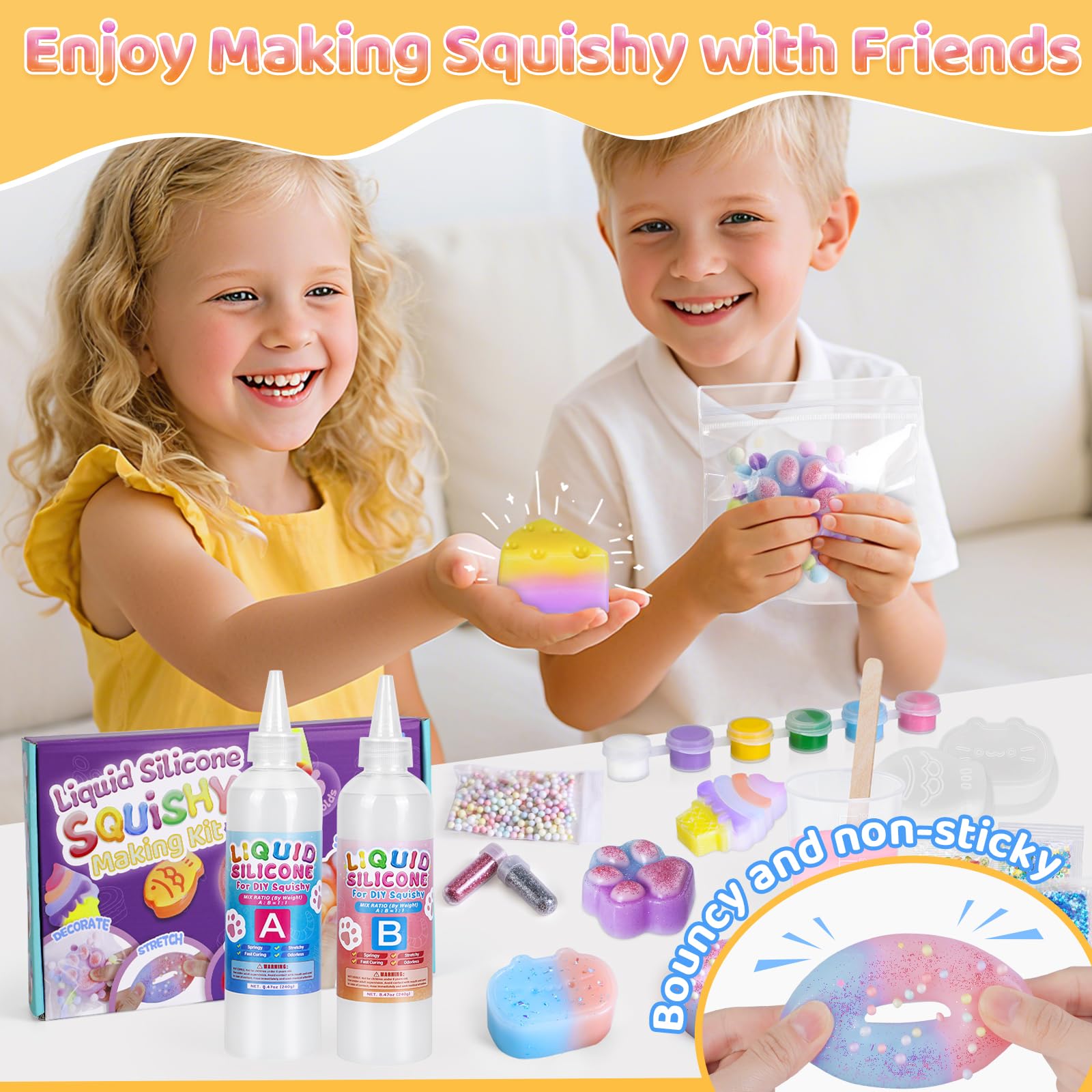 Highttoy Kit Squishy Silicona Líquida Luminoso Bricolaje, 480ml AB Proporción 1:1 Squishy Goma de Silicona avec 6 Moldes y Accesorios, Juguetes Sensoriales Antiestrés para Niños 6+ Años