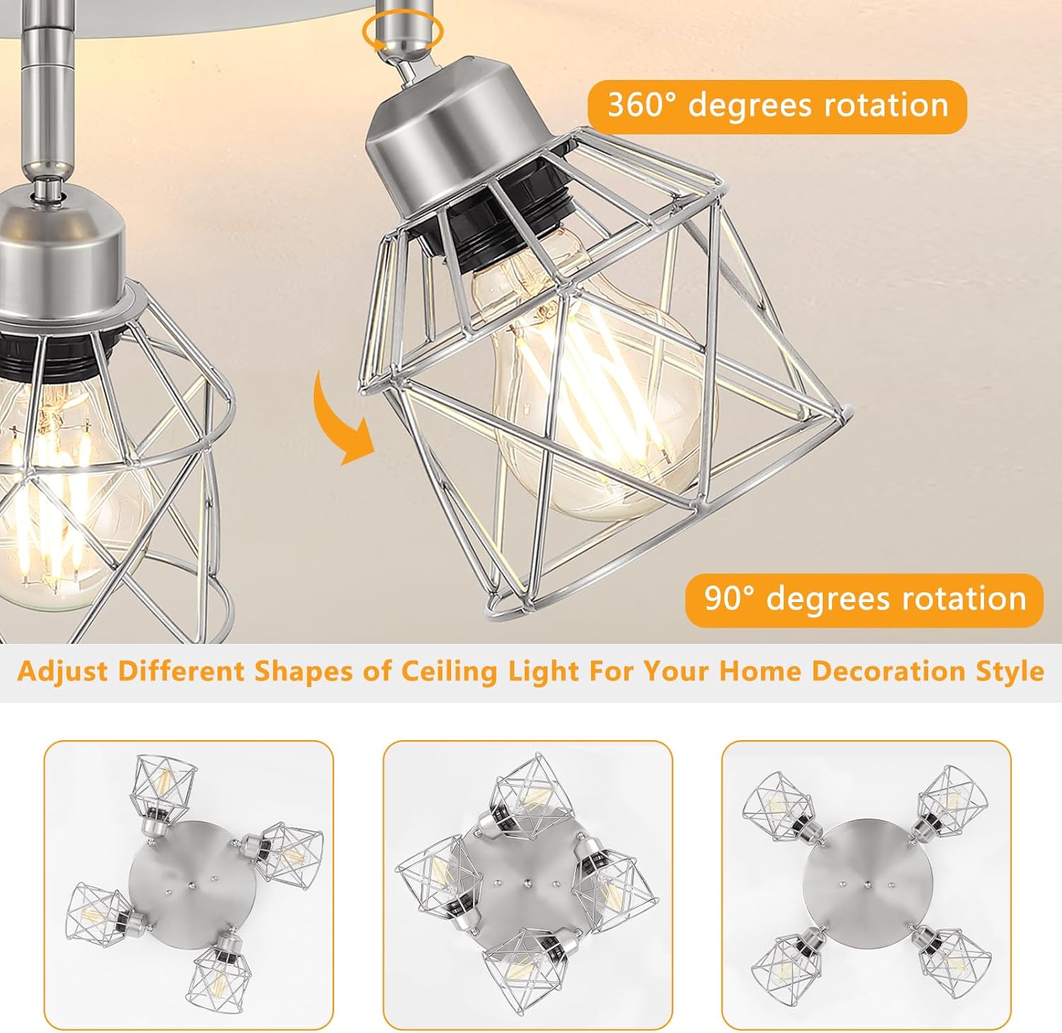 Baocuz 4-Light Brushed Nickel Kitchen Light Fixtures, Modern Hallway Light Fixtures Ceiling, Adjustable Multi-Directional Indoor Silver Metal Cage Close to Ceiling Lights for House Bedroom