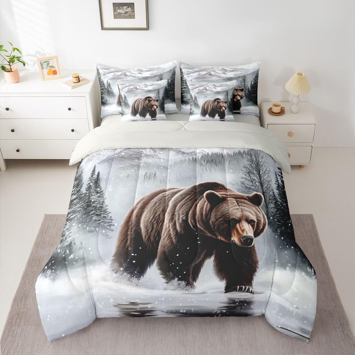 Erosebridal Bear 7 Pcs Bedding Set King Rustic Farmhouse Comforter Set with Sheets Wild Animal Jungle Hunting Bed in A Bag Cabin Countryside Wildlife Bedroom Decor