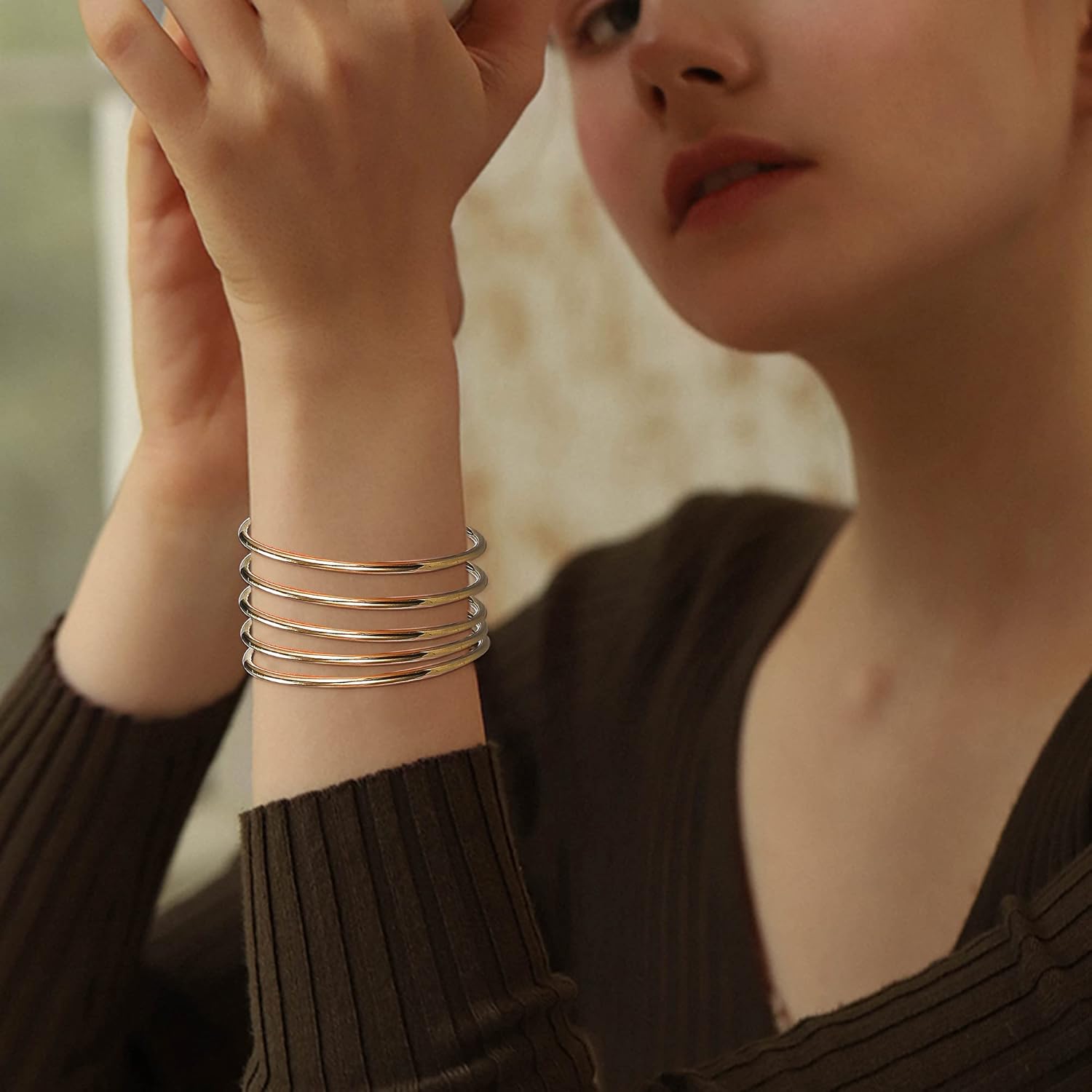 YADOCA 3mm 14K Gold Plated Bracelet Stainless Steel Glossy Thin Round Bangle Bracelet for Women Oval Solid Stackable Bracelets Set - Image 5