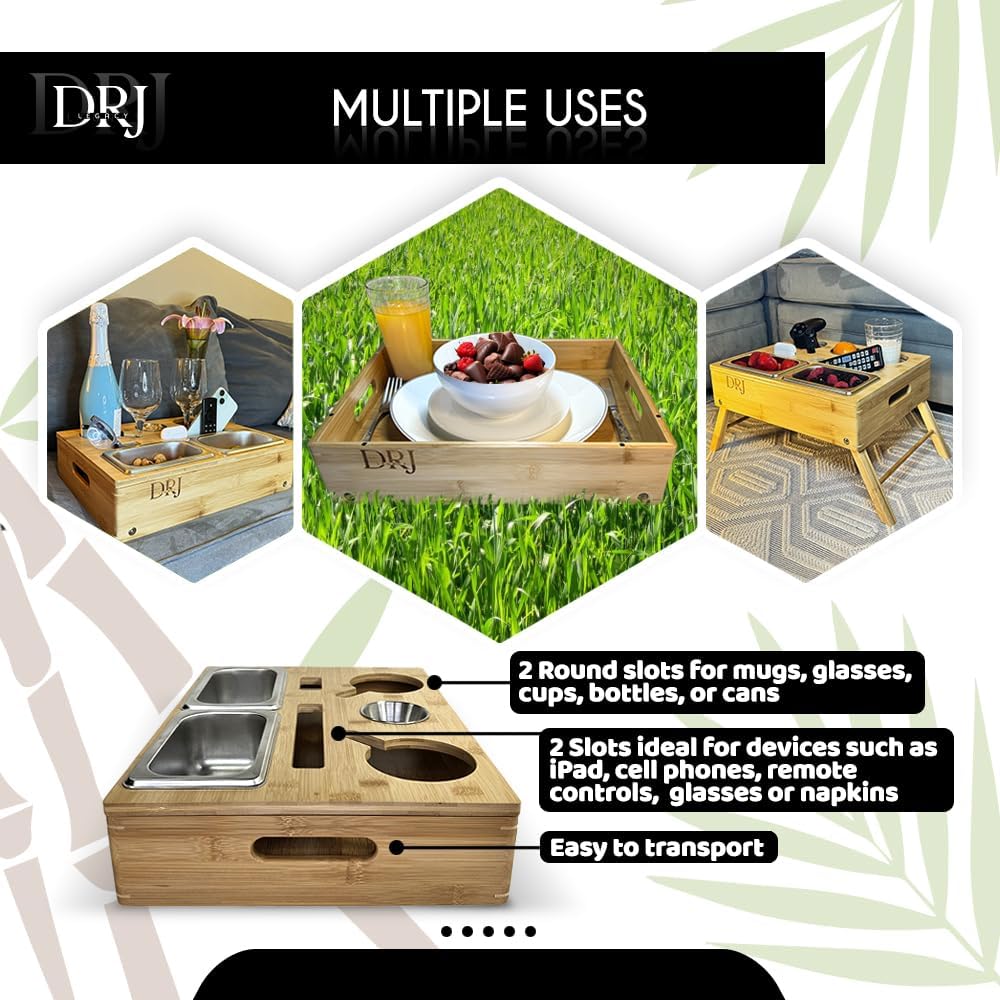 Couch Console - Caddy with Cup Holder and Food Trays for Eating on Couch - Image 3