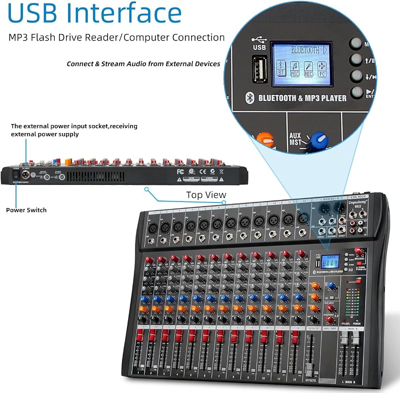 Depusheng DX12 12 csatornás DJ hangkeverő mixer XLR mikrofonnal USB-hez
