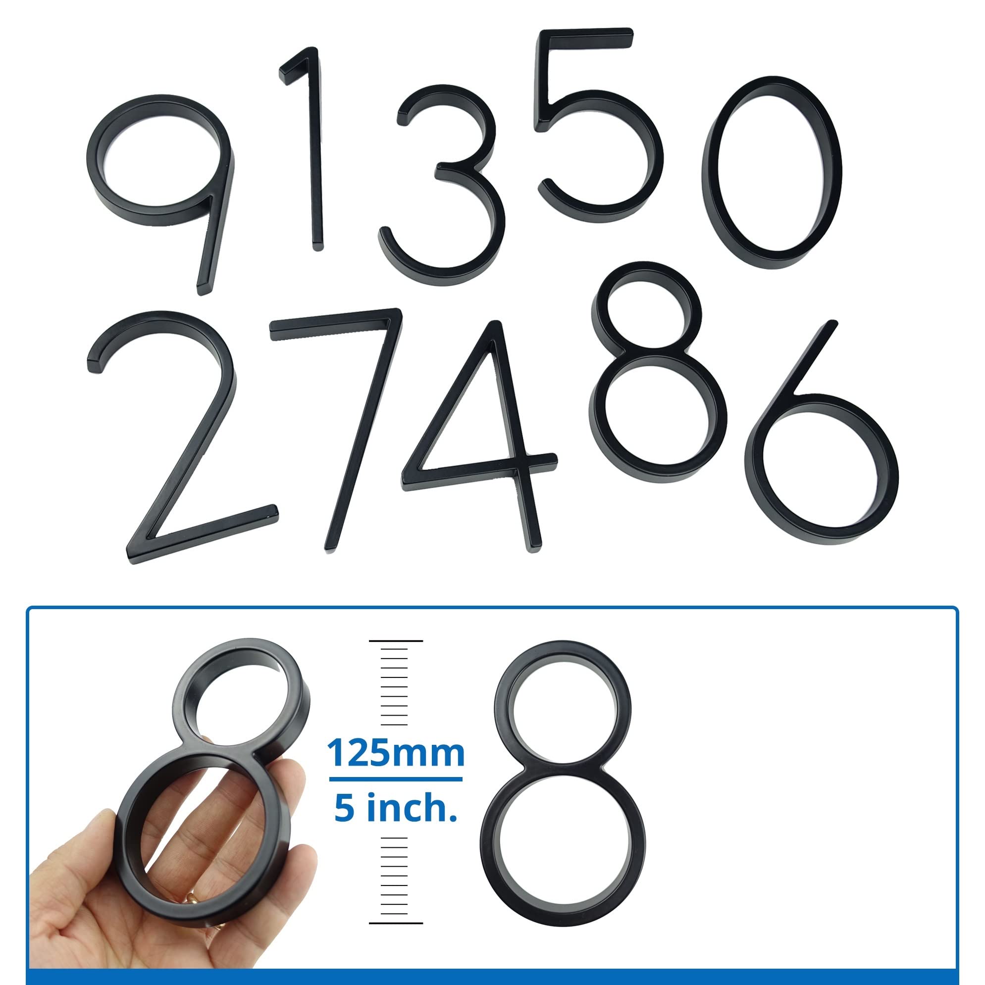 Duże numery domów, 125 mm Pływające Litery Numeru Domu Duży Nowoczesny Alfabet Drzwi Dom Zewnętrzny 5 cali Czarny Numer Tabliczka Adresowa Znak #0-9 Numery Wjazdowych(1)