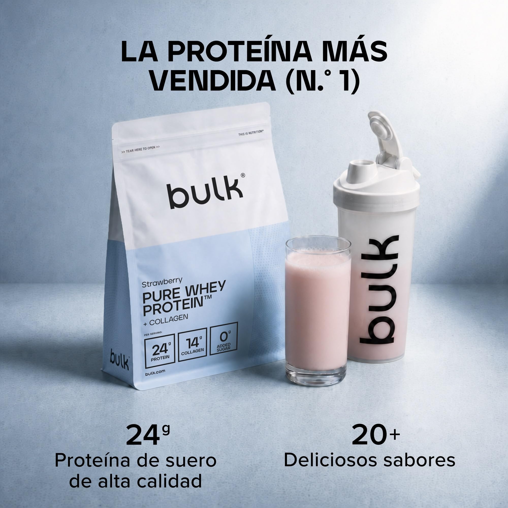 Bulk Pure Whey Protein + Colágeno, Fresa, 2kg