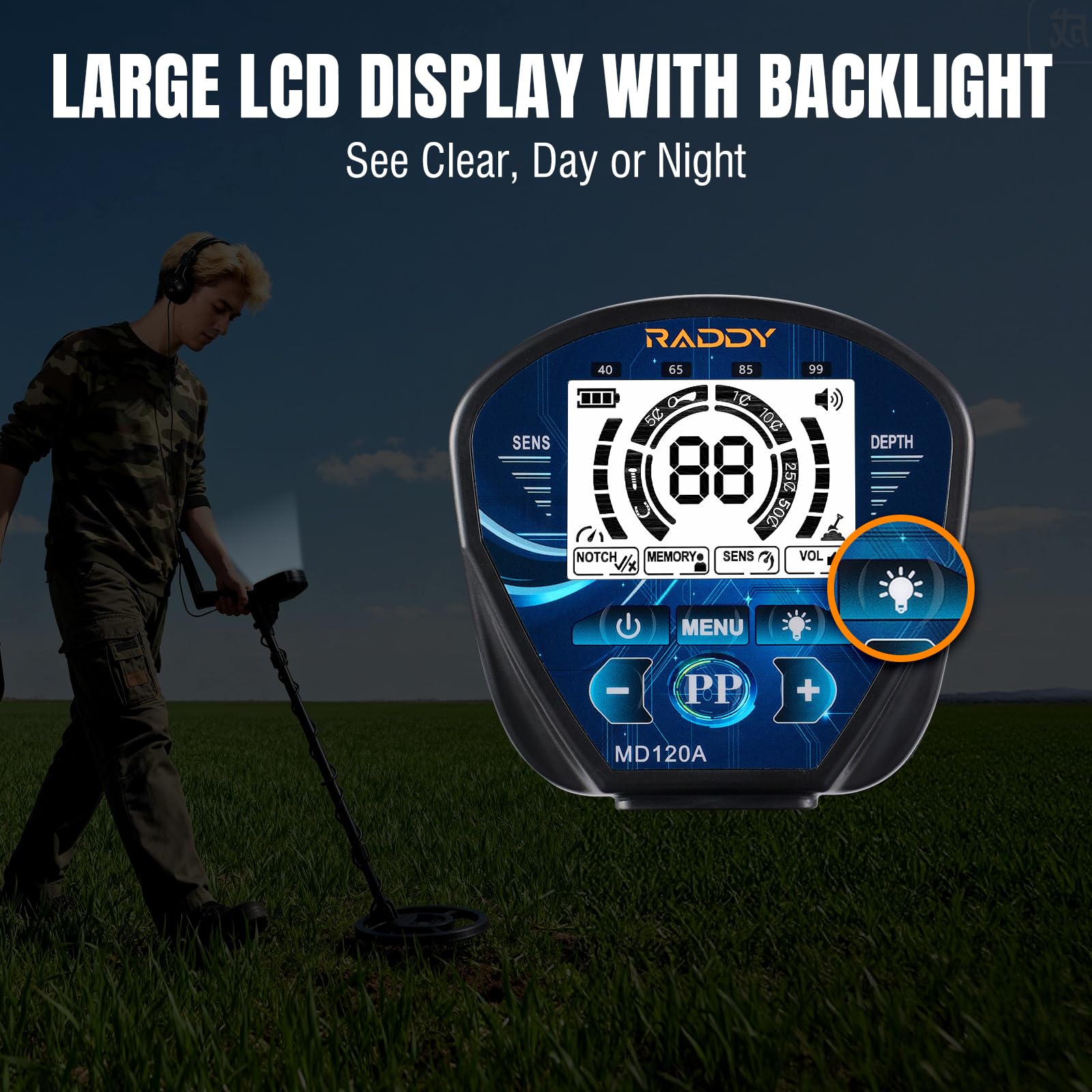 Raddy MD120A Rilevatore di Metalli Professionale per Adulti, Rilevatore d'Oro ad Alta Precisione con 4 Modalità, Bobina Impermeabile da 10" IPX7, Display LCD, Cuffie, Borsa e Pala per la Ricerca di