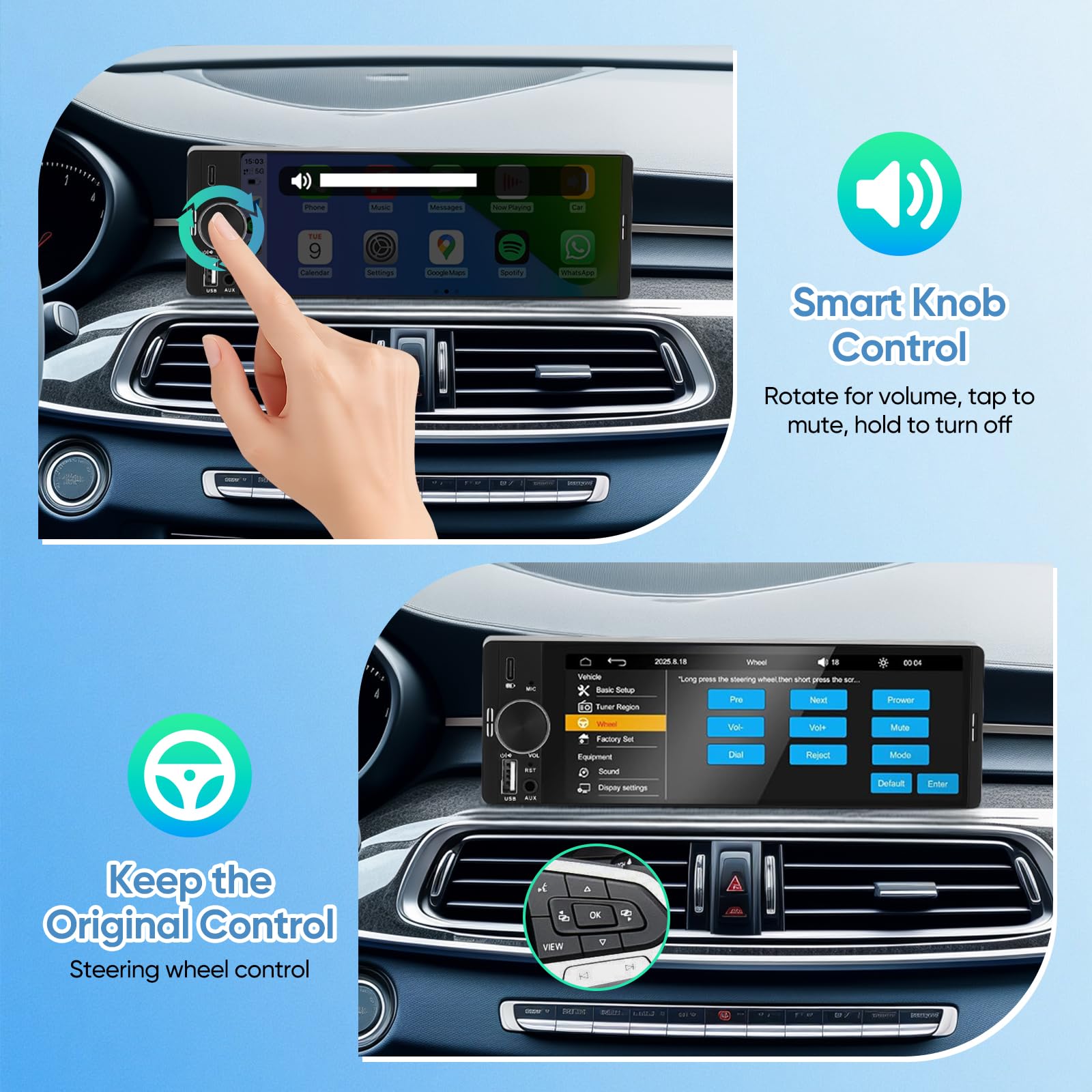 6.3" Single DIN Touchscreen Car Radio with Wireless CarPlay & Android Auto, Backup Camera, Mirror Link, Hands-Free Calling, FM Radio, Steering Wheel Control & Voice Command — view 8