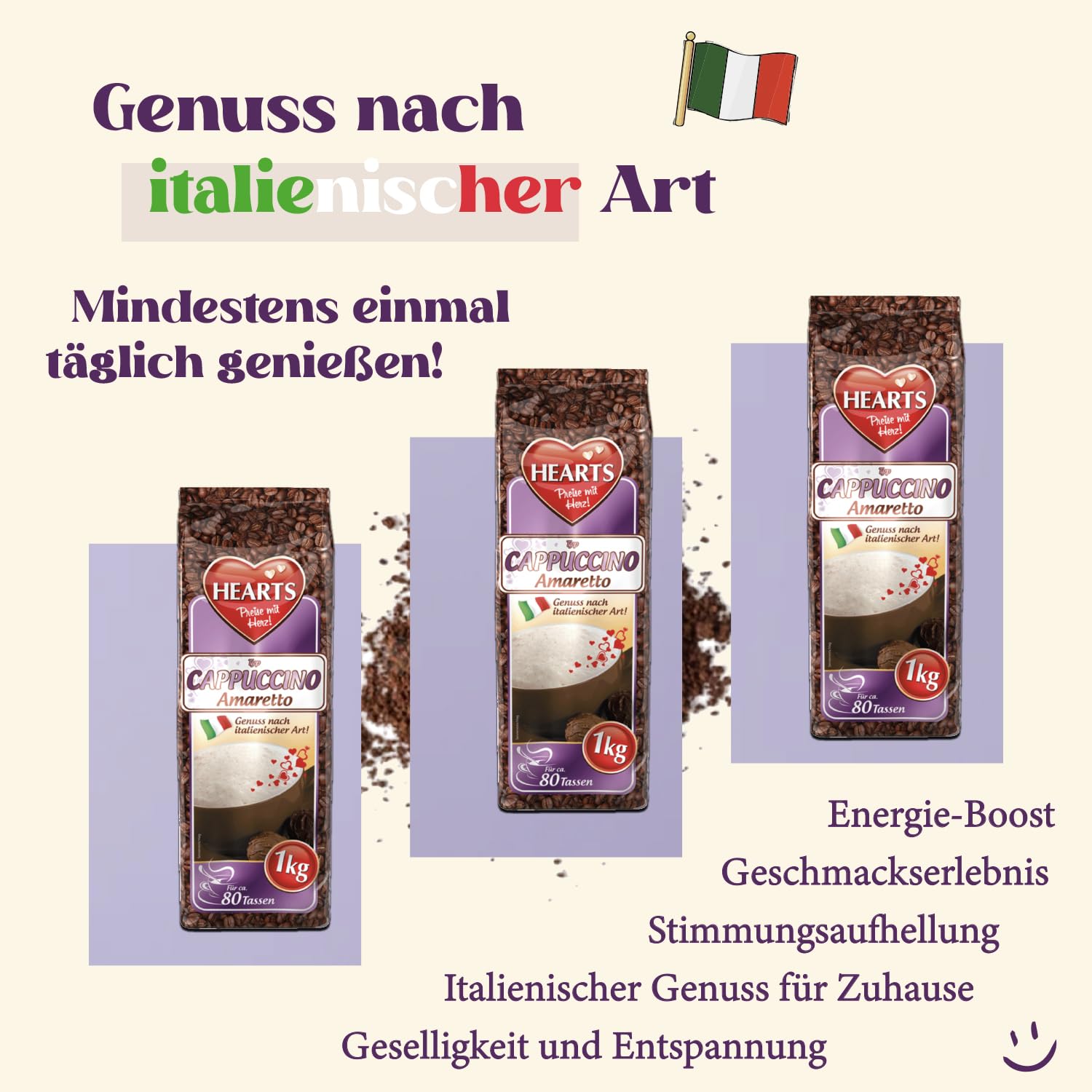 HEARTS Cappuccino Amaretto 10 x 1 kg – przyjemność w stylu włoskim, ok. 80 filiżanek/opakowanie, kawa rozpuszczalna w proszku – opakowanie magazynowe – aromatyczna i rozpuszczalna