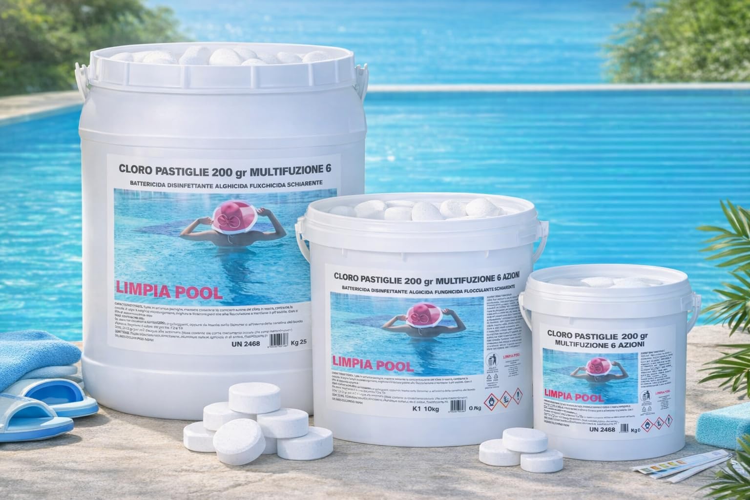 5 kg Limpia Pool cloro Multifunzione 6 Azioni: cloro per Piscina Perfetta tutto in una Pastiglia da 200 gr
