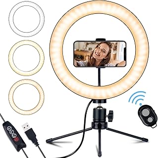 مصباح حلقي مع حامل وحامل هاتف ، مجموعة إضاءة مؤتمرات الفيديو 10 بوصة قابلة للتعتيم ، مجموعة إضاءة USB للبث المباشر - الماكياج - فيديو YouTube - الجمال - السيلفي -3 ألوان 10 سطوع ، هيكل معدني وشريحة LE