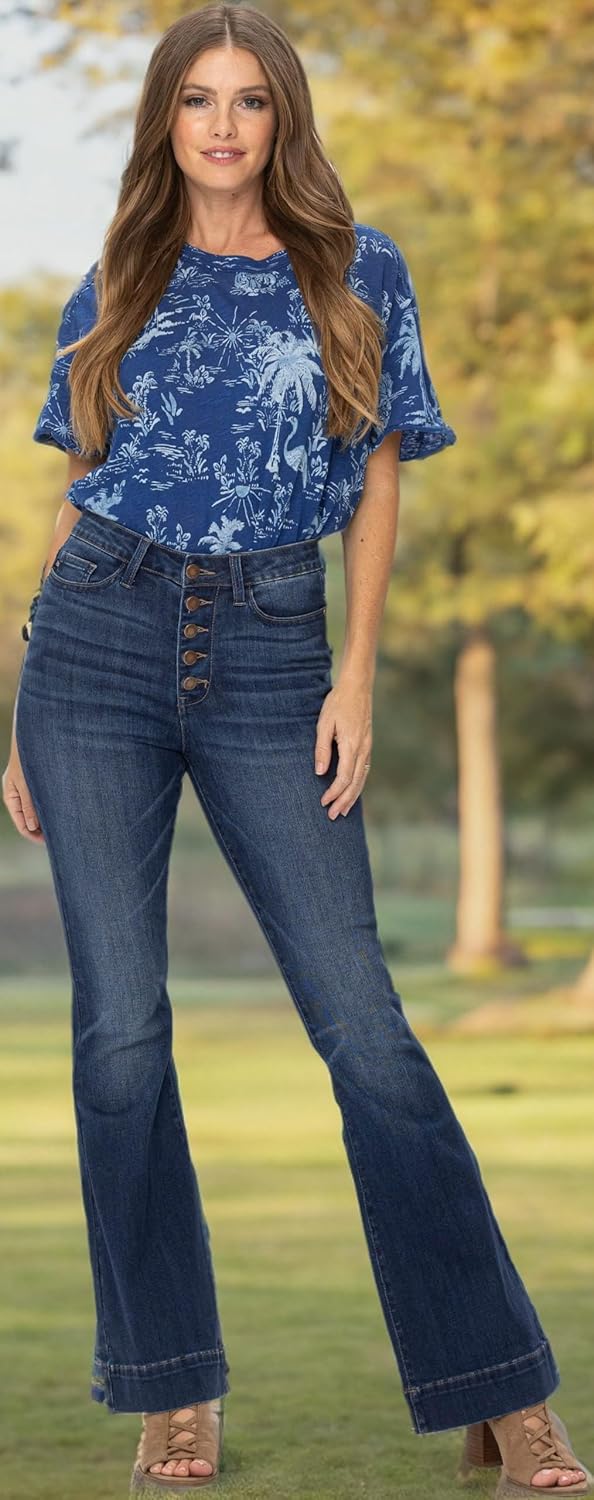 Judy Blue Women's High-Rise 5 Button Fly Wide Leg Trouser Flare Jeans 88491 (Dark Blue, 24 Plus)