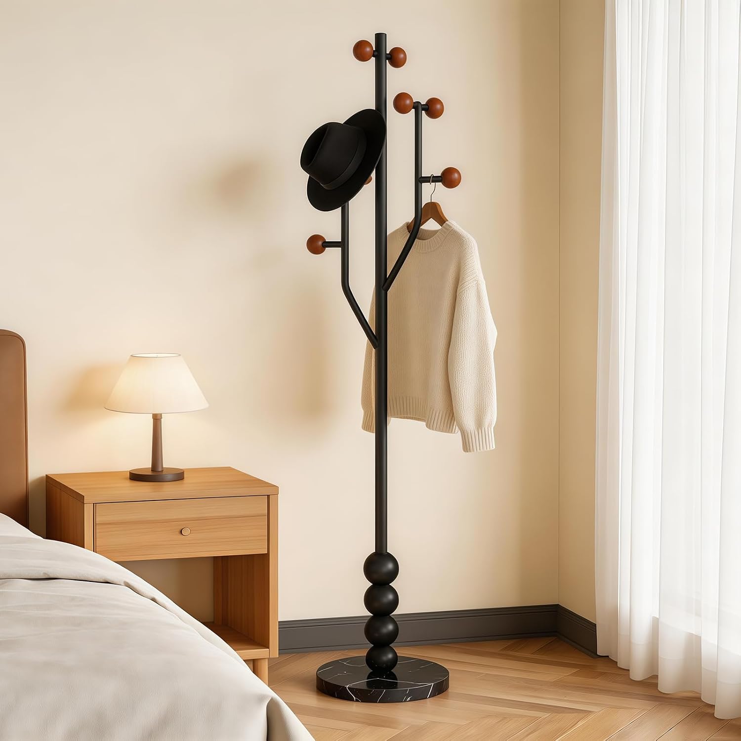 Freestanding Mid-Century Modern Tree Coat Rack | Freestanding metal rack with black marble base & wood spherical hooks for entryway, bedroom, living room