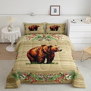 Erosebridal Brown Bear Full ComforterÂ Set for Girls,Woodland Animals Quilt Rustic Wildlife Bedding Sets,Plant Branches Pine Branch Duvet Insert Botanical Pinecone Farmhouse Decor