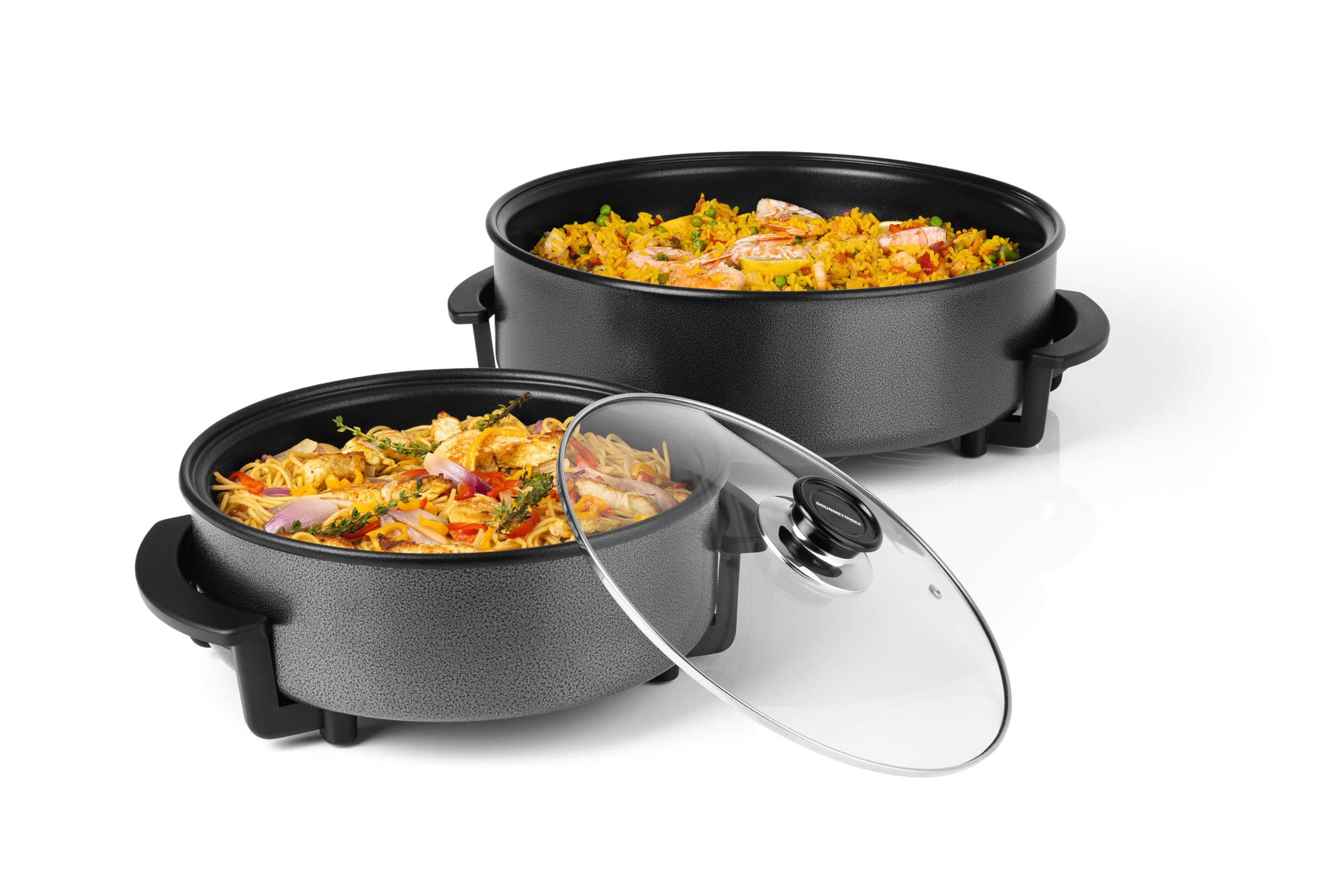 GOURMETmaxx Elektryczna patelnia do pizzy z termostatem i szklaną pokrywką | wielofunkcyjna, 30 cm, 1500 W | patelnia do pizzy