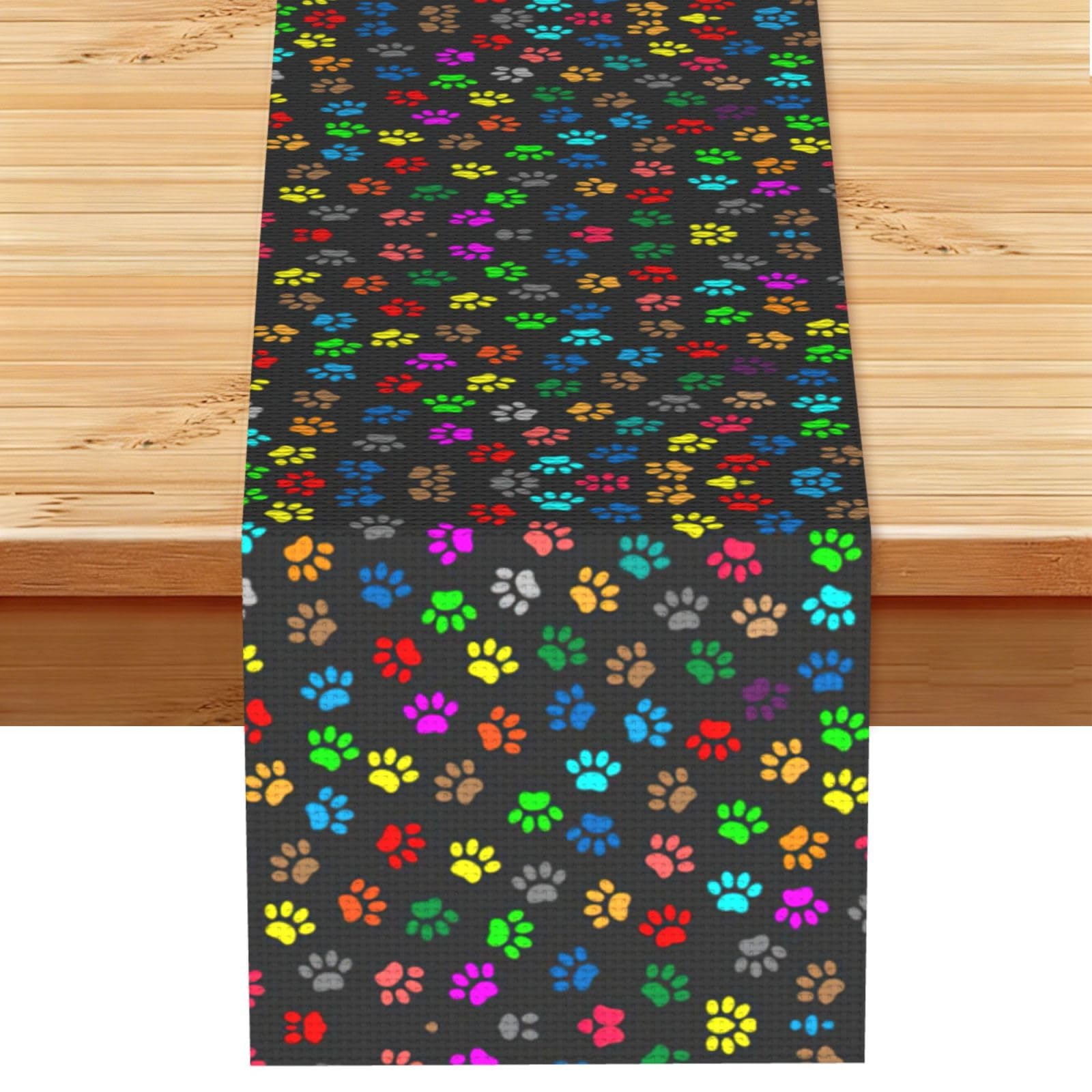 Colorful Dog Paw Print Black Printed Dining Table Runner 13x72 Inch, Non-Fading Decor for Kitchen Dresser Fireplace Mantel
