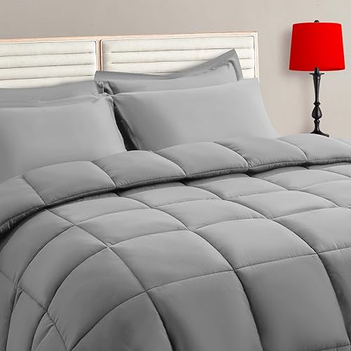 TAIMIT Grey Full Size Comforter Set - 7 Pieces, Bed in a Bag Bedding Sets with All Season Soft Quilted Warm Fluffy Reversible Comforter,Flat Sheet,Fitted Sheet,2 Pillow Shams,2 Pillowcases,Gray - Full - Grey