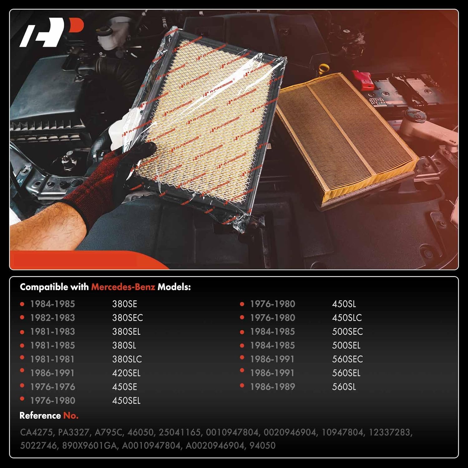A-Premium Engine Air Filter Compatible with Mercedes-Benz 380SE 1984-1985, 380SEC 1982-1983, 380SEL, 380SL, 380SLC, 420SEL, 450SE, 450SEL, 450SL, 450SLC, 500SEC, 500SEL, 560SEC, 560SEL, 560SL