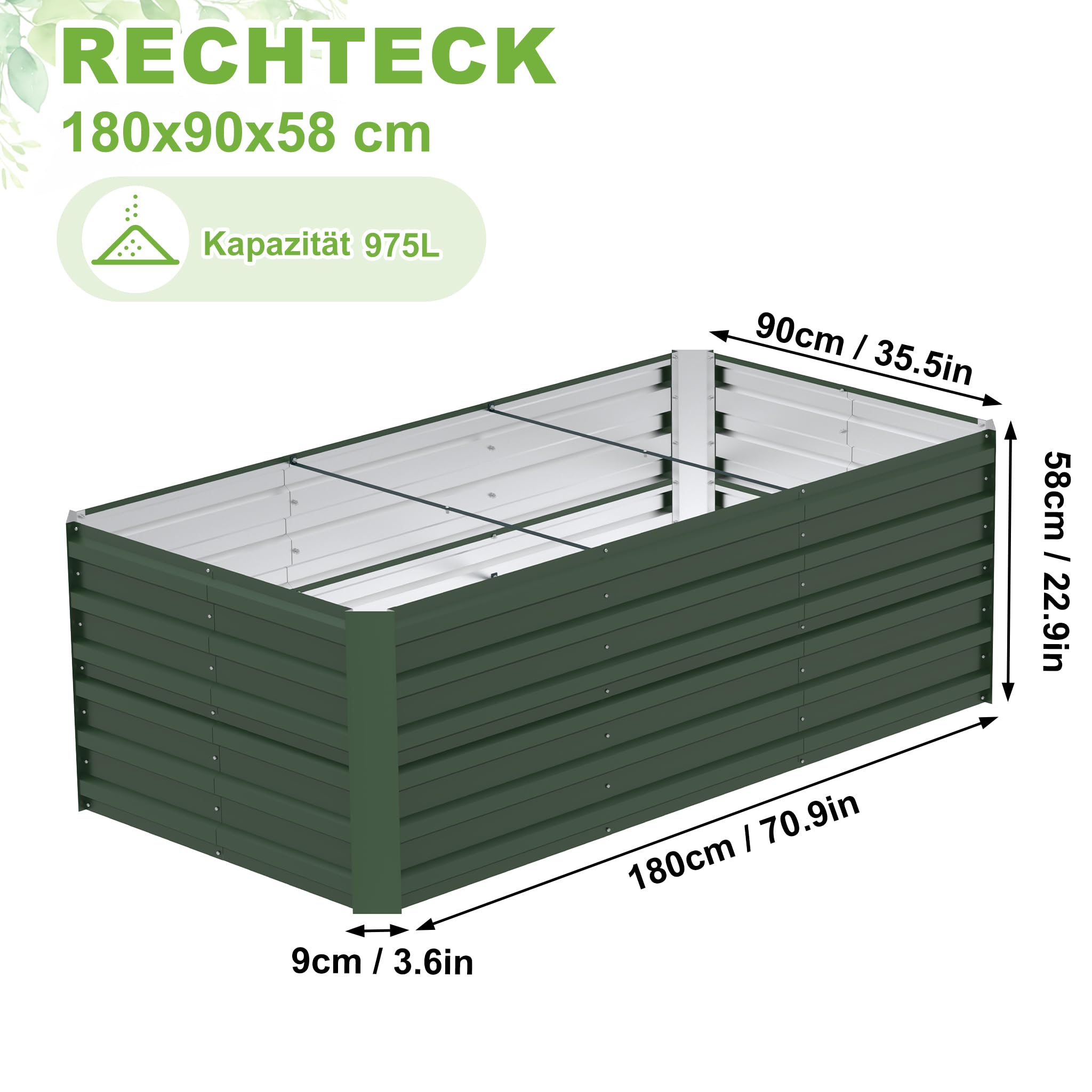 XMTECH Podwyższona grządka metalowa, 180 x 90 x 58 cm, prostokątna, zielona – ocynkowana grządka ogrodowa ze stali, nierdzewna i odporna na warunki atmosferyczne, do warzyw, ziół i kwiatów – skrzynka