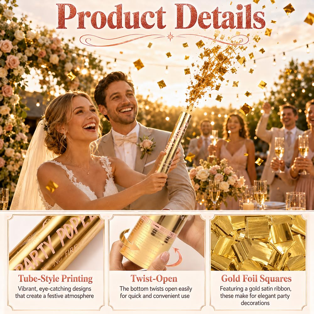 Party Kanone Konfetti Gold, 12 Stück Konfettikanonen biologisch abbaubar Gold | 30 cm große Konfettikanone für Karnevalspartys, große Konfettikanonen, ideal für Geburtstage, Partys und Hochzeiten