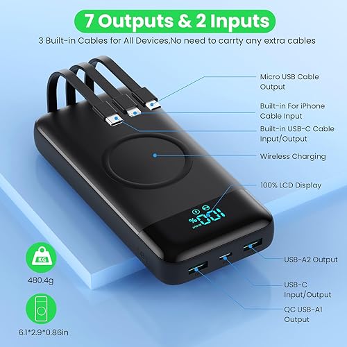 Miniatura 5 de Cargador portátil inalámbrico de 40,800 mAh con 3 cables integrados, carga inalámbrica de 15 W, 25 W, PD QC4.0, cargador de batería USB-C de carga