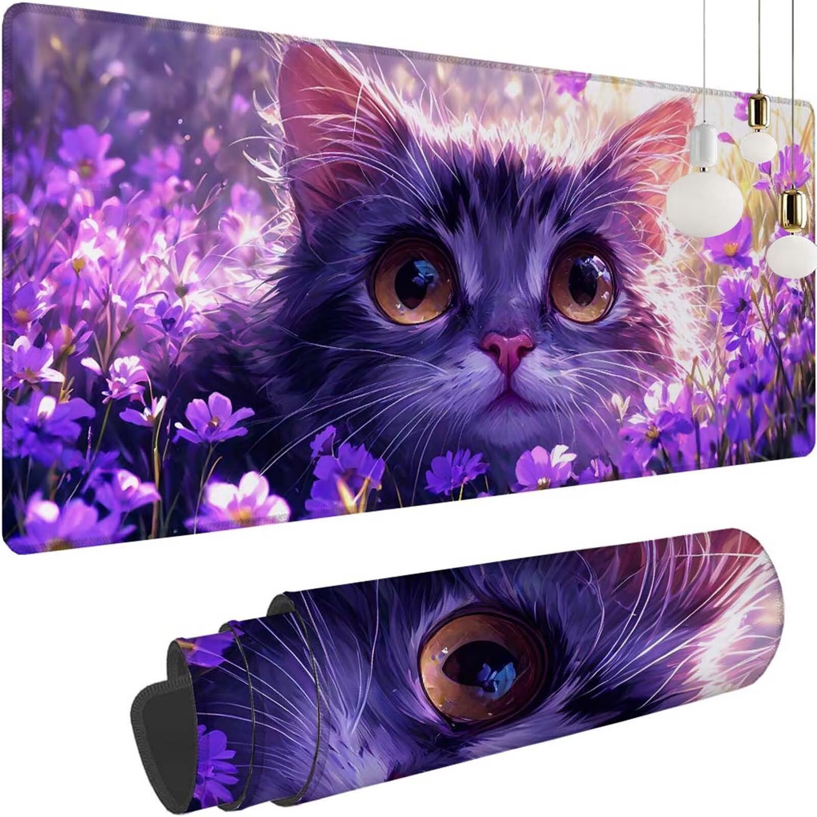 Alfombrilla Ratón Gato Flor Alfombrilla Ratón XXL 1400x600x3mm Mouse Pad Resiste Salpicaduras, Extendida de Gran Tamaño con Bordes Cosidos, Mejora Precisión y Velocidad, Antideslizante, Duradera y-347