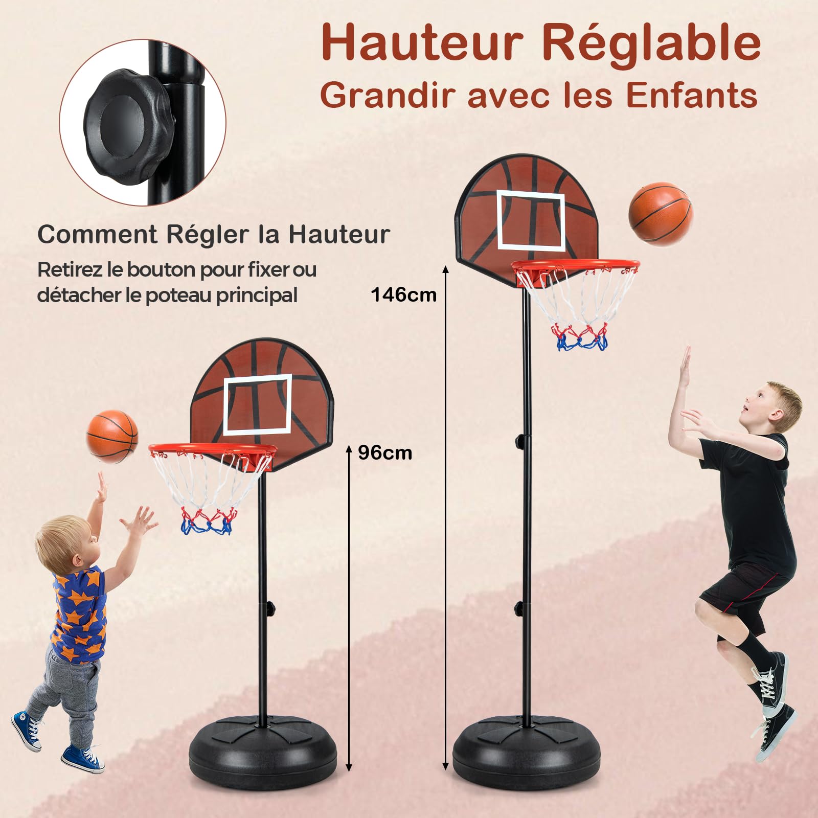 GYMAX 2-en-1 Panier Basket Enfants 3-10 Ans, avec Cible de Fléchettes, Hauteur Réglable 96/146cm, Base Remplissable Stable, 6 Fléchettes, pour Intérieur et Extérieur, pour Garçons et Filles