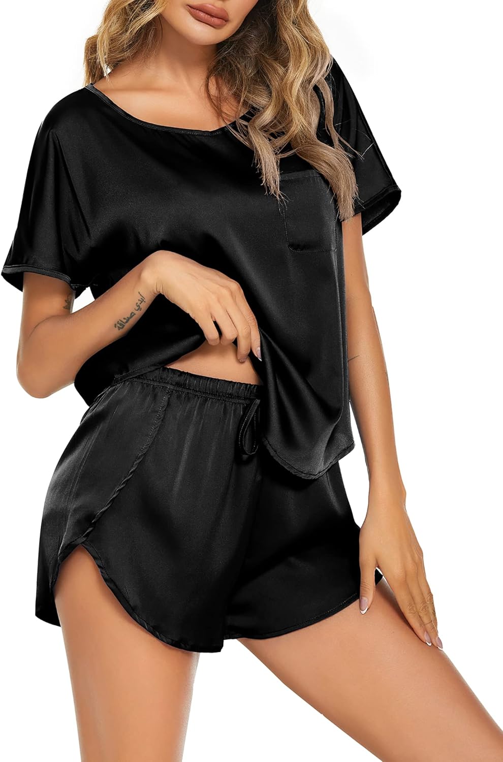 Ekouaer Satin Womens Pyjamas Short Pjs Set Summer Loungewear Plain Sleepwear Leisure Suit Tops and Short Trousers Sexy Nightwear