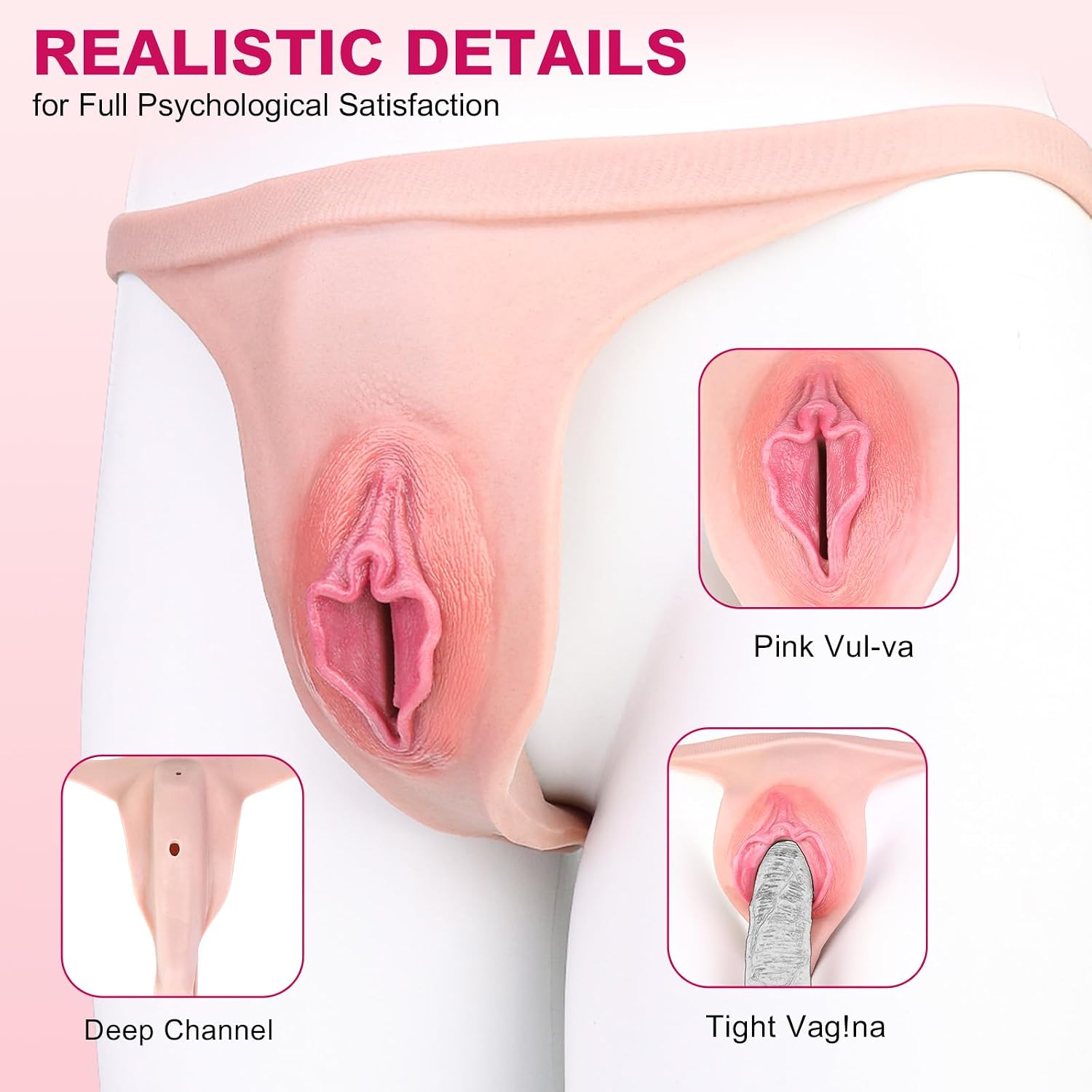 Fake Pussy Chastity Devices Panties Male Sex Toys, Fake Vagina Pink Realistic Vulva with Insertable Channel, Elastic Silicone Chastity Underwear for Transgender Crossdresser Ssisy Men