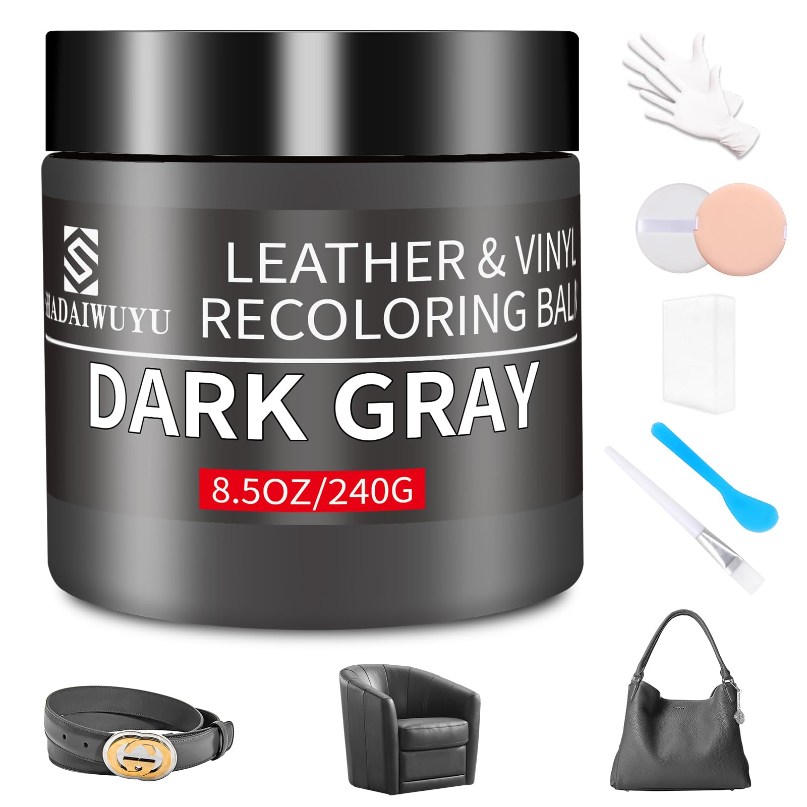 Leather Recoloring Balm,8.5oz Leather Color Restorer,Dark Gray Leather Repair kit for Furniture and Car Interior,Leather Couch Scratch Repair,Leather Dye Paint for Faded,Cracked and Damaged Leather