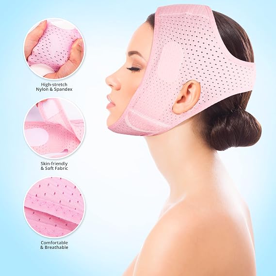 Reusable Double Chin Reducer- V Line Mask -Double Chin Remover-Facial Slimming Chin Strap-Chin Up Mask Face Lifting Belt V Shaped Slimming Face Mask, Pink
